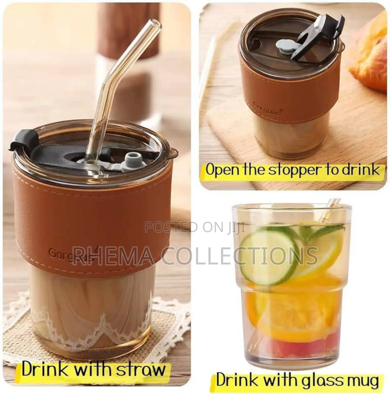 350ml Leather Grip Glass Cup With Glass Straw