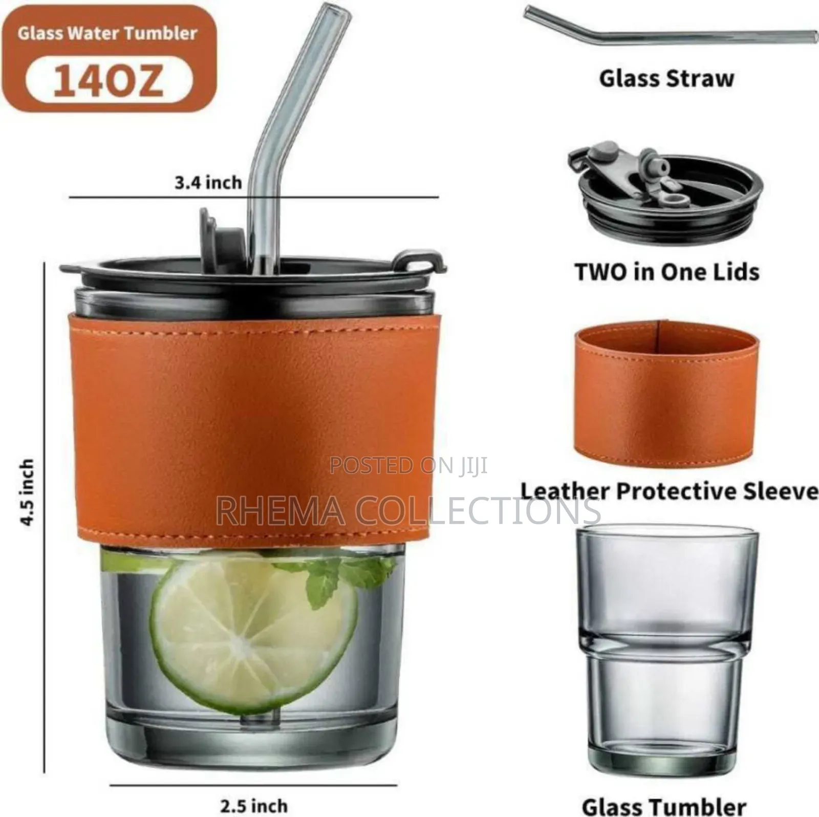 350ml Leather Grip Glass Cup With Glass Straw