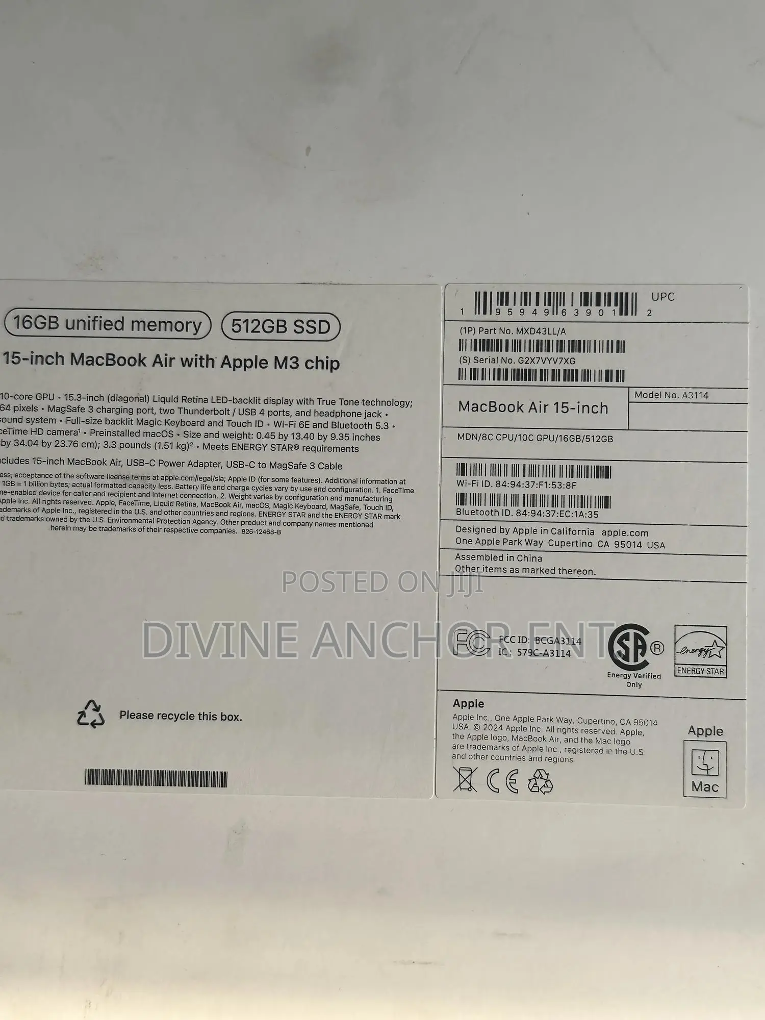 New Apple MacBook Air 2024 M3 15-inch 16GB Intel Core M3 SSD 512GB