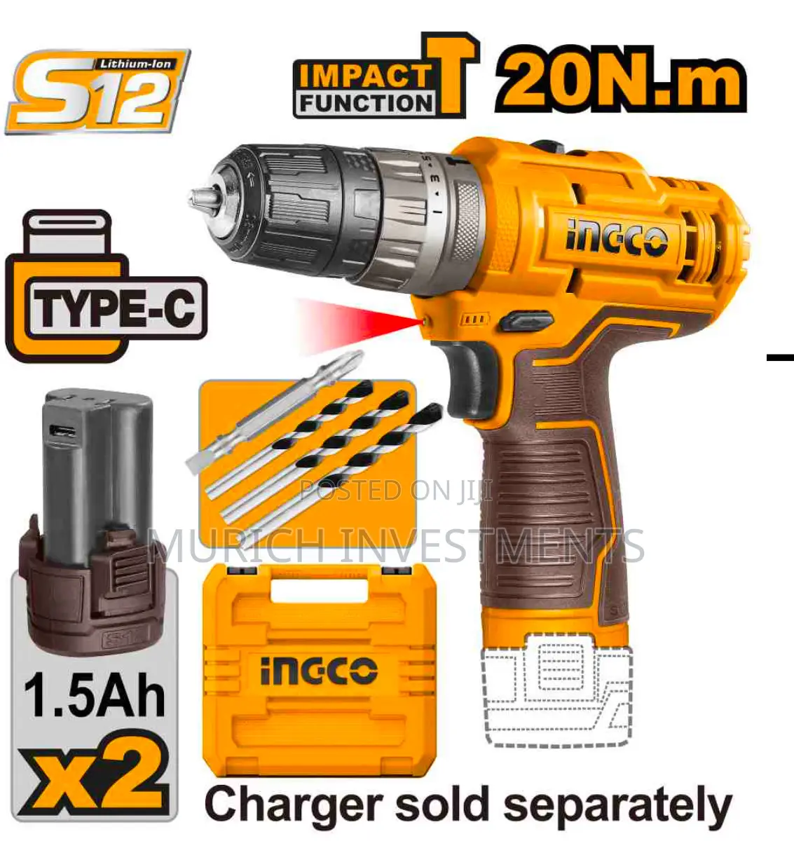 12V Lithium-Ion Impact Drill With 2 Pieces 1.5ah Battery