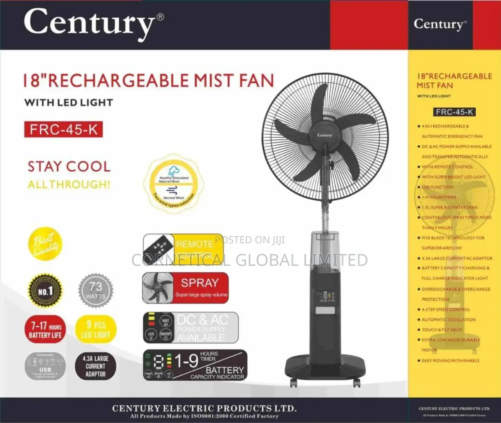 Century 18" Rechargeable Mist Fan With Led Light