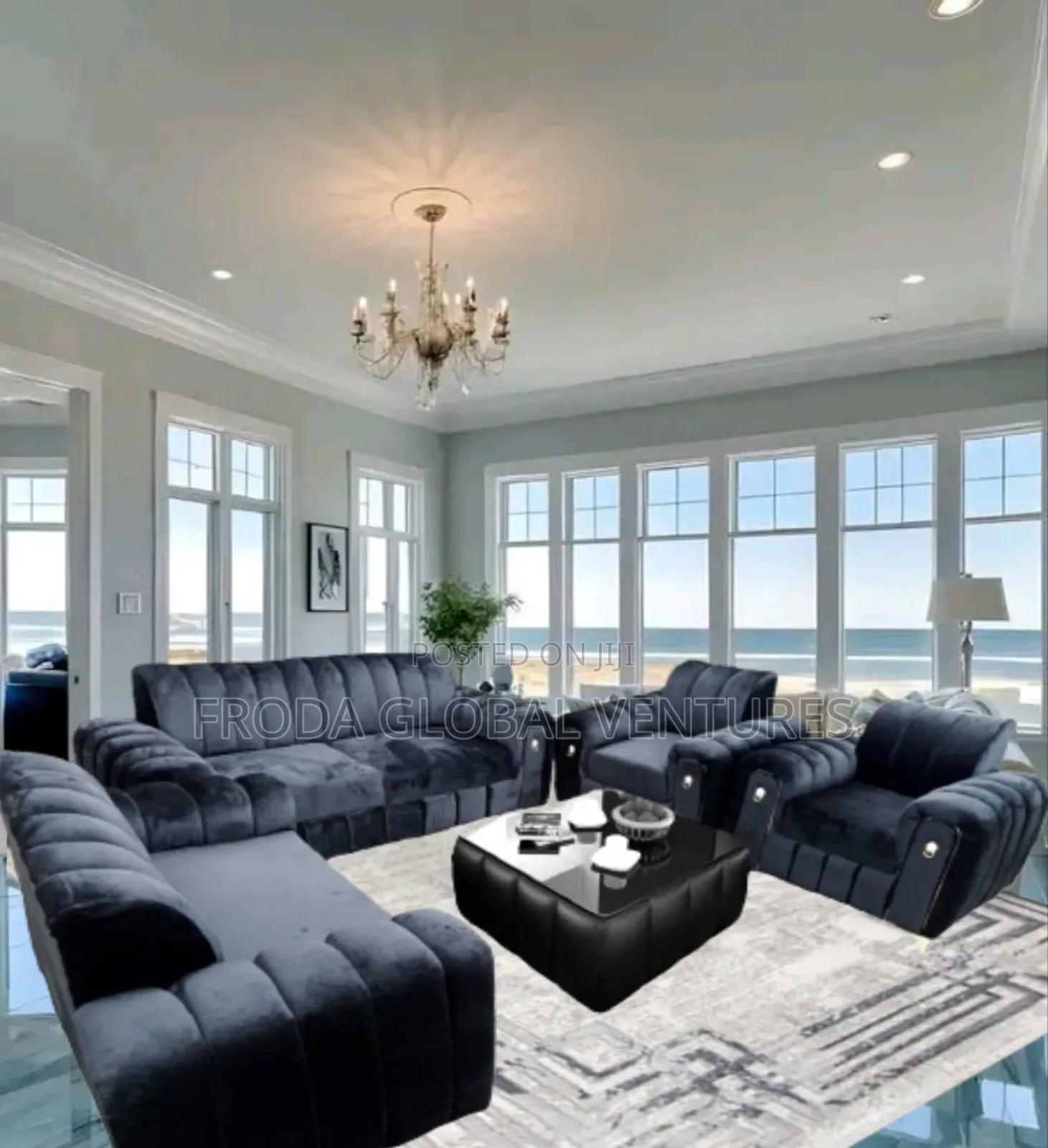 7 Seaters Black Sofa Chairs With Table