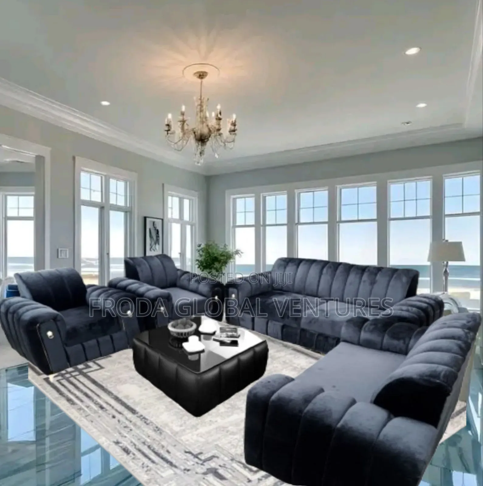 7 Seaters Quality Black Fabric Sofa Chairs and Table