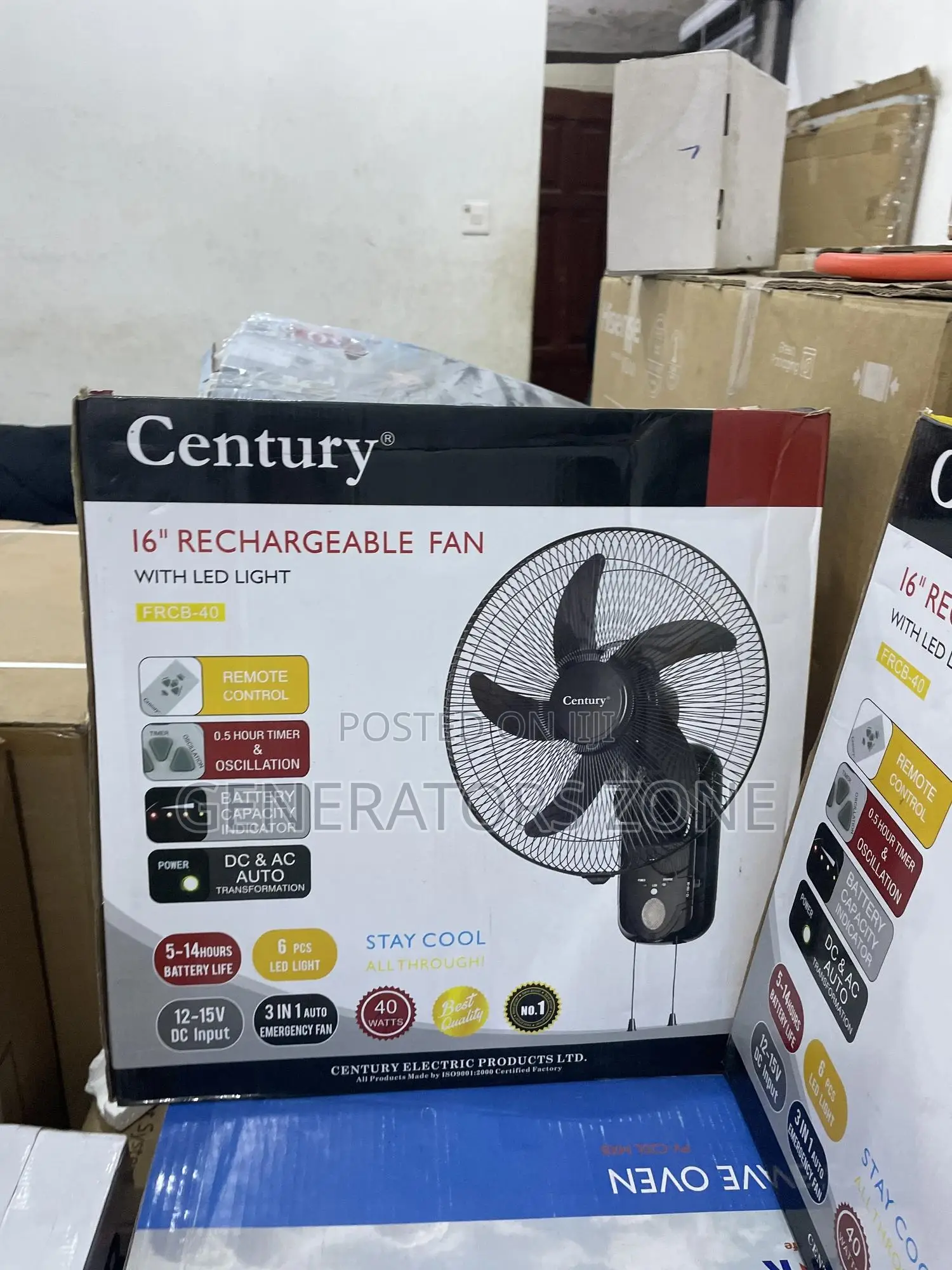 Battery Status Century 16" Recheargeable Fan With Led Light