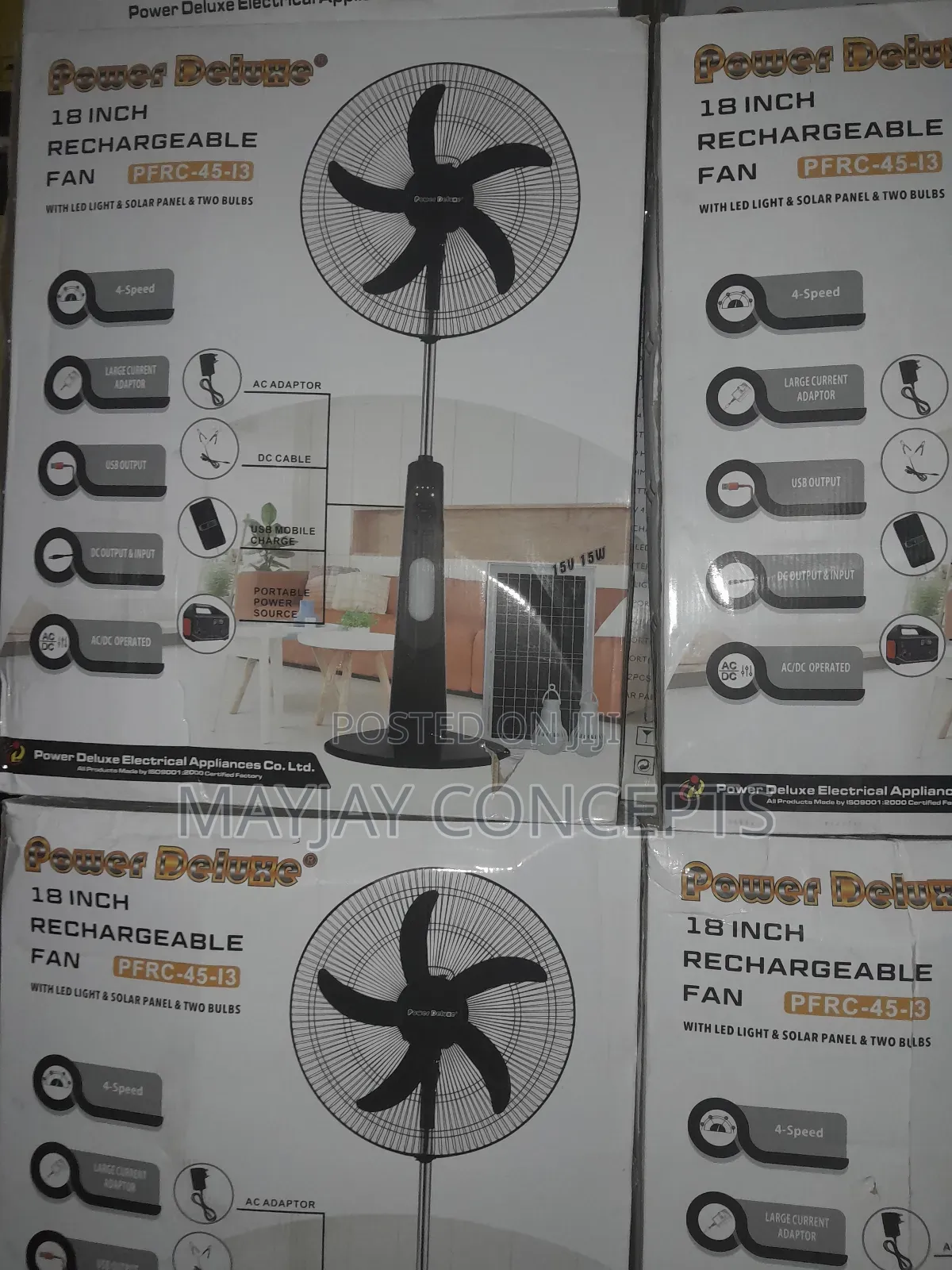 Power Deluxe 18" AC/DC Solar Rechargeable Fan-Panel+2bulbs