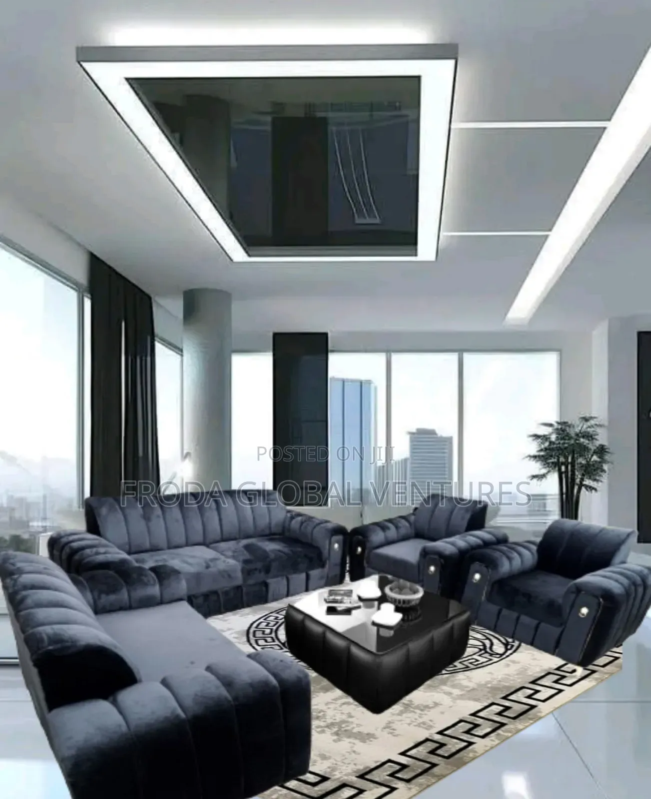 Black Fabric Sofa Chairs and Table. 7 Seaters
