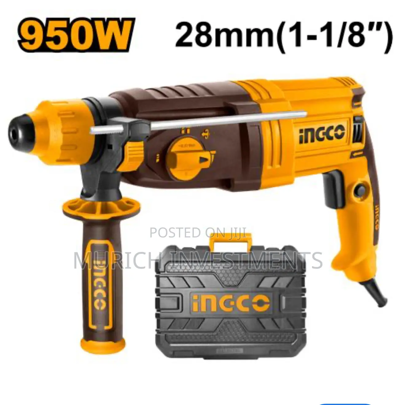 Ingco 950W 28mm Rotary Hammer Drill W/ 3 Drills 2 Chisel