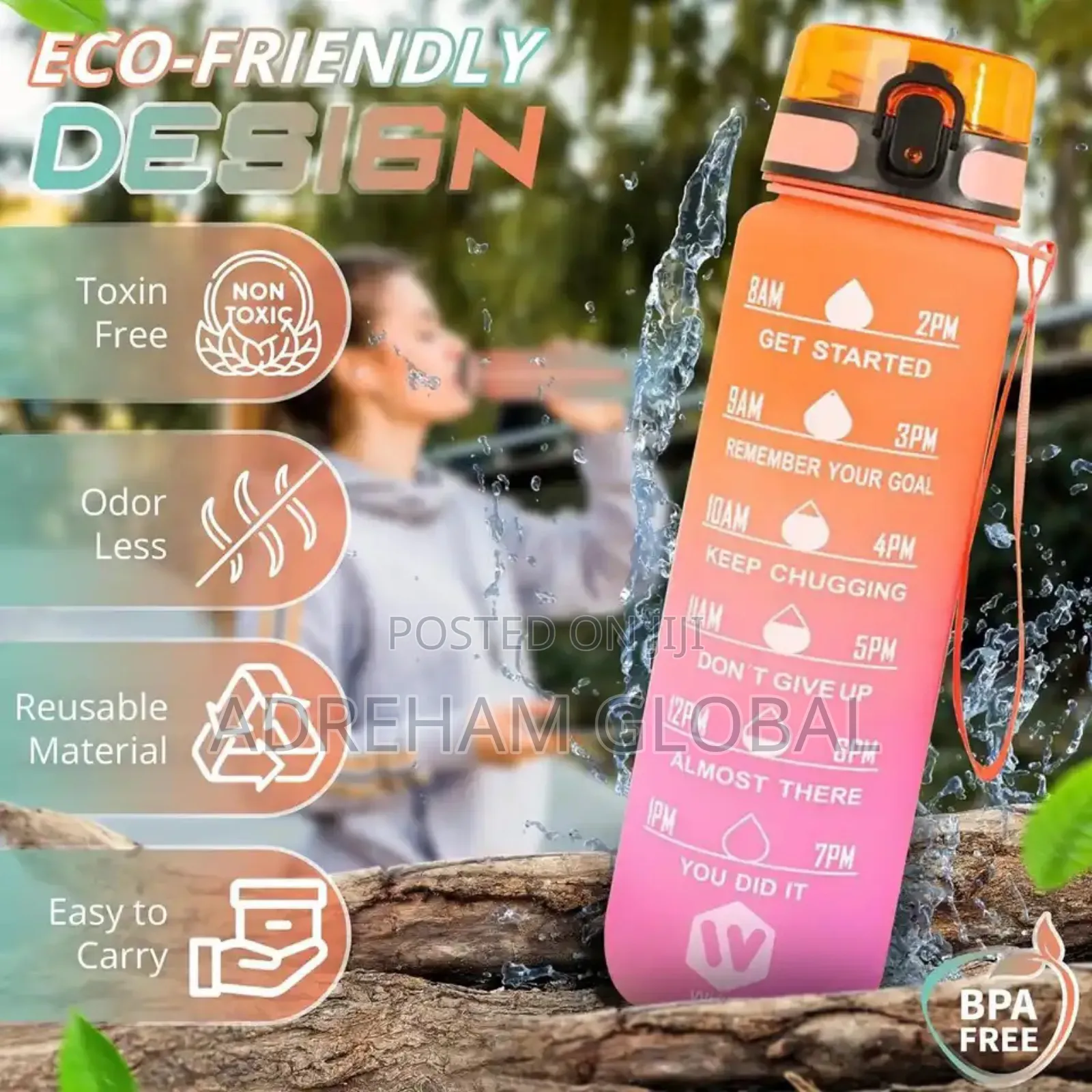 1000ml Gradient Color Motivational Water Bottle