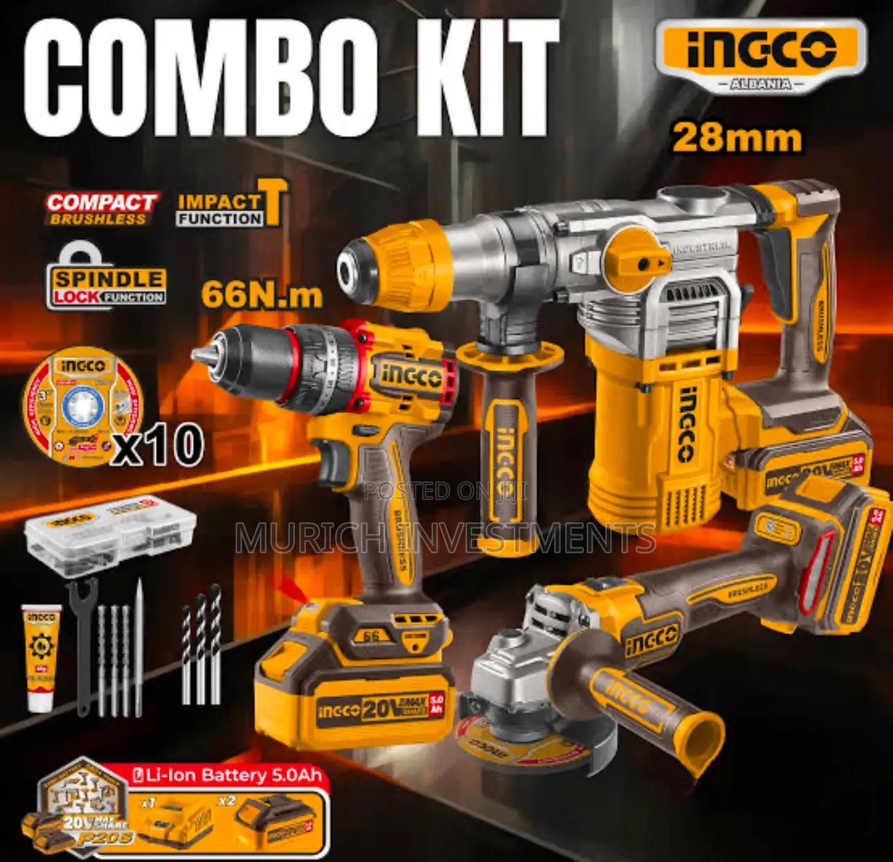 Ingco 3pcs Industrial Combo Kit Set With 5.0ah Batteries