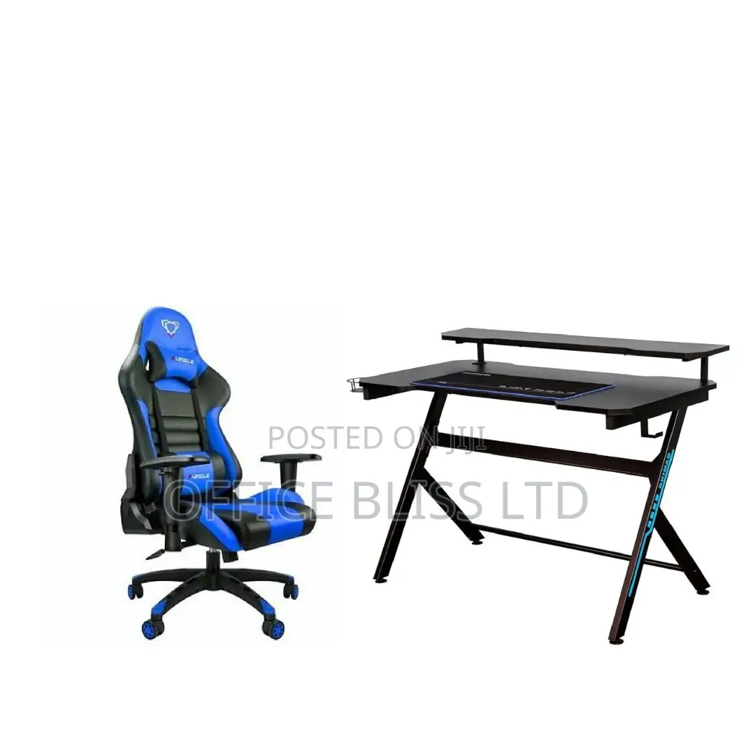 Home Studio Double Monitor Desk and Chair - Blue Black