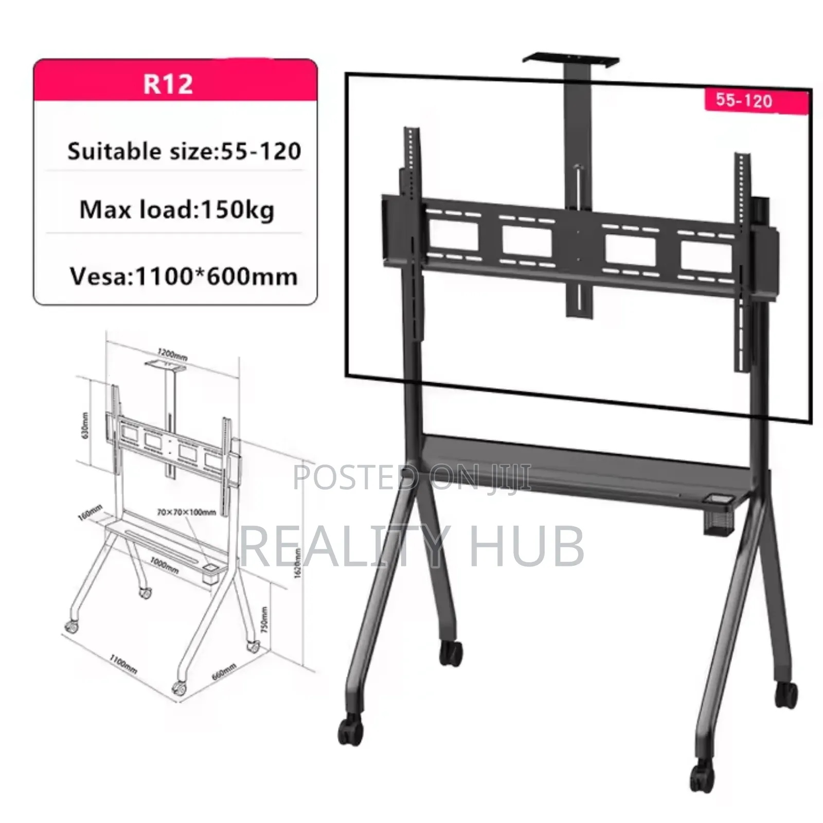 Heavy Duty Adjustable Mobile Tv Cart 60"-120" Up to 265ibs