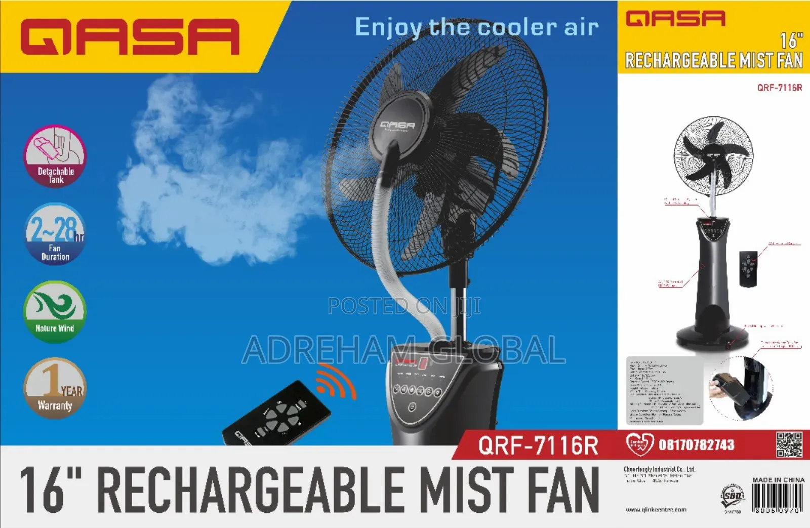 Qasa 16" Rechargeable Mist Fan With Remote Control