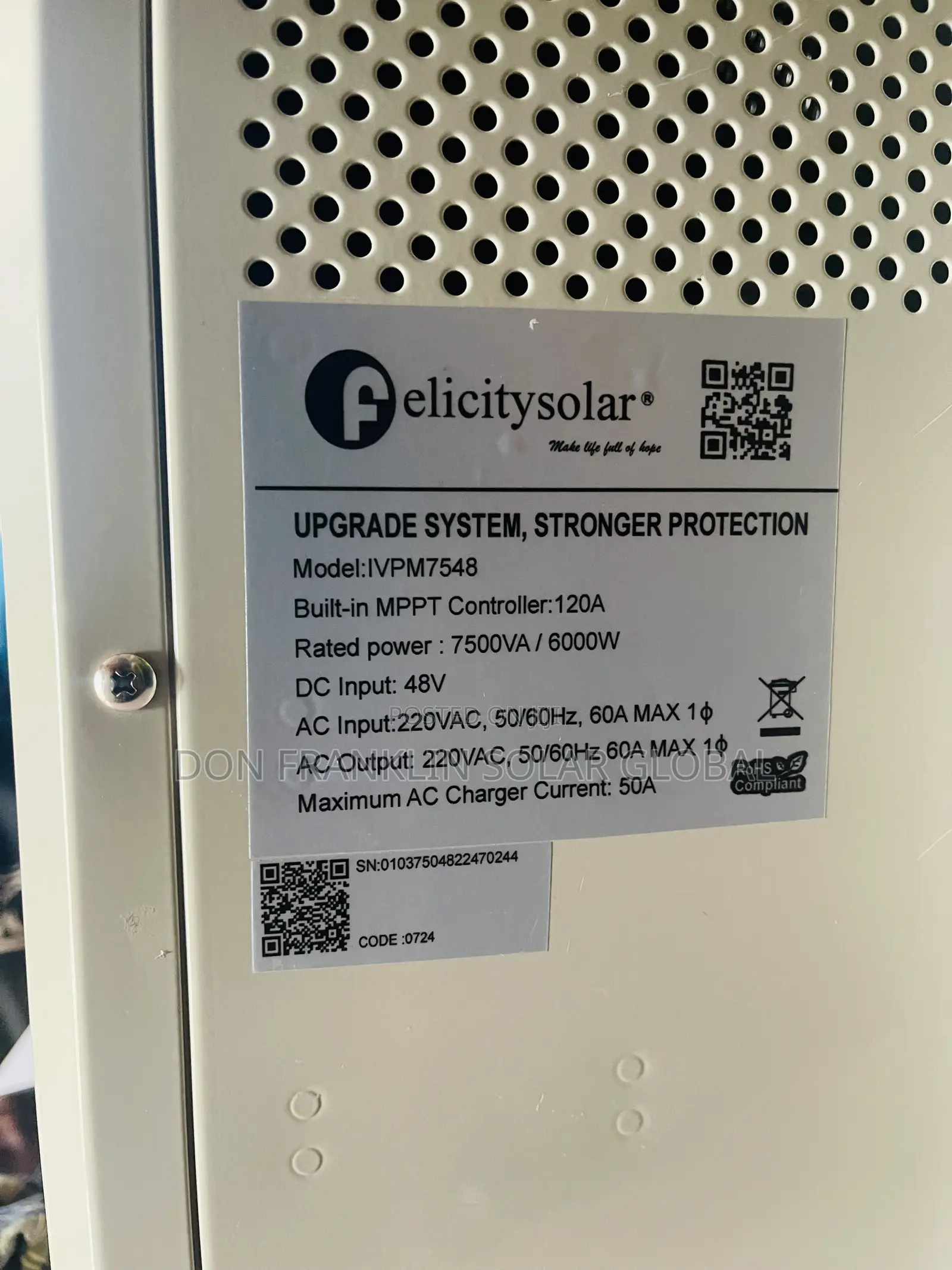 7.5kva Felicity Hybrid Ivpm Solar Inverter 48volts.