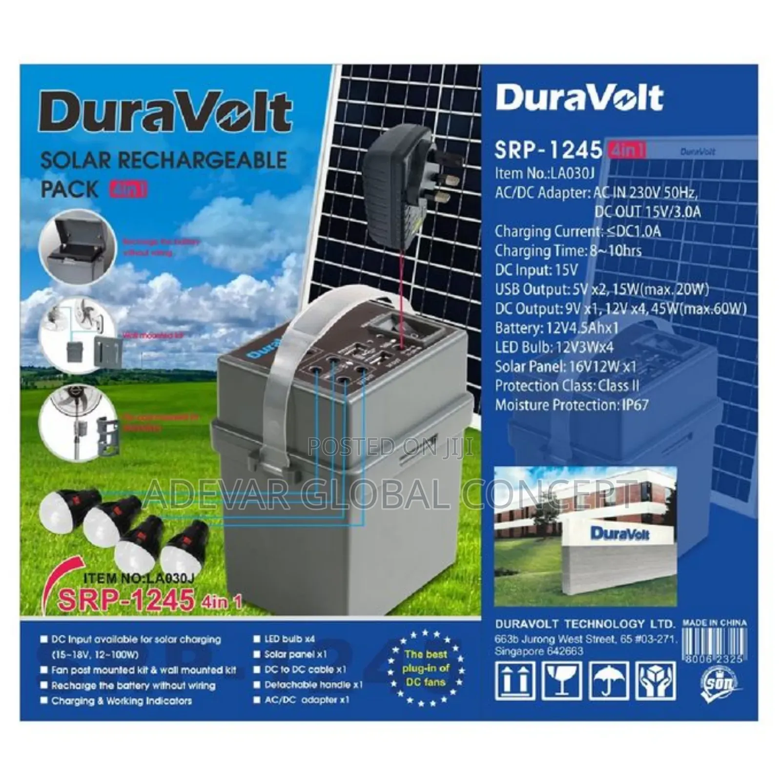 Duravolt 4 in 1 Solar Rechargeable Pack for Fans 12V4.5ah