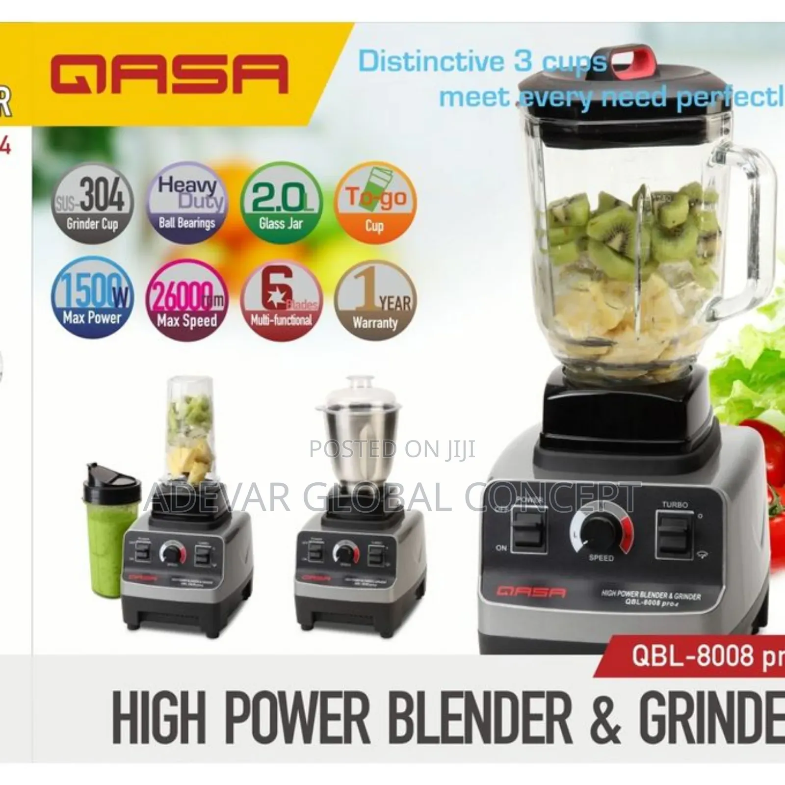 Qasa 1500w Commercial Blender QBL Pro4 Heavy Duty + 3 Jars