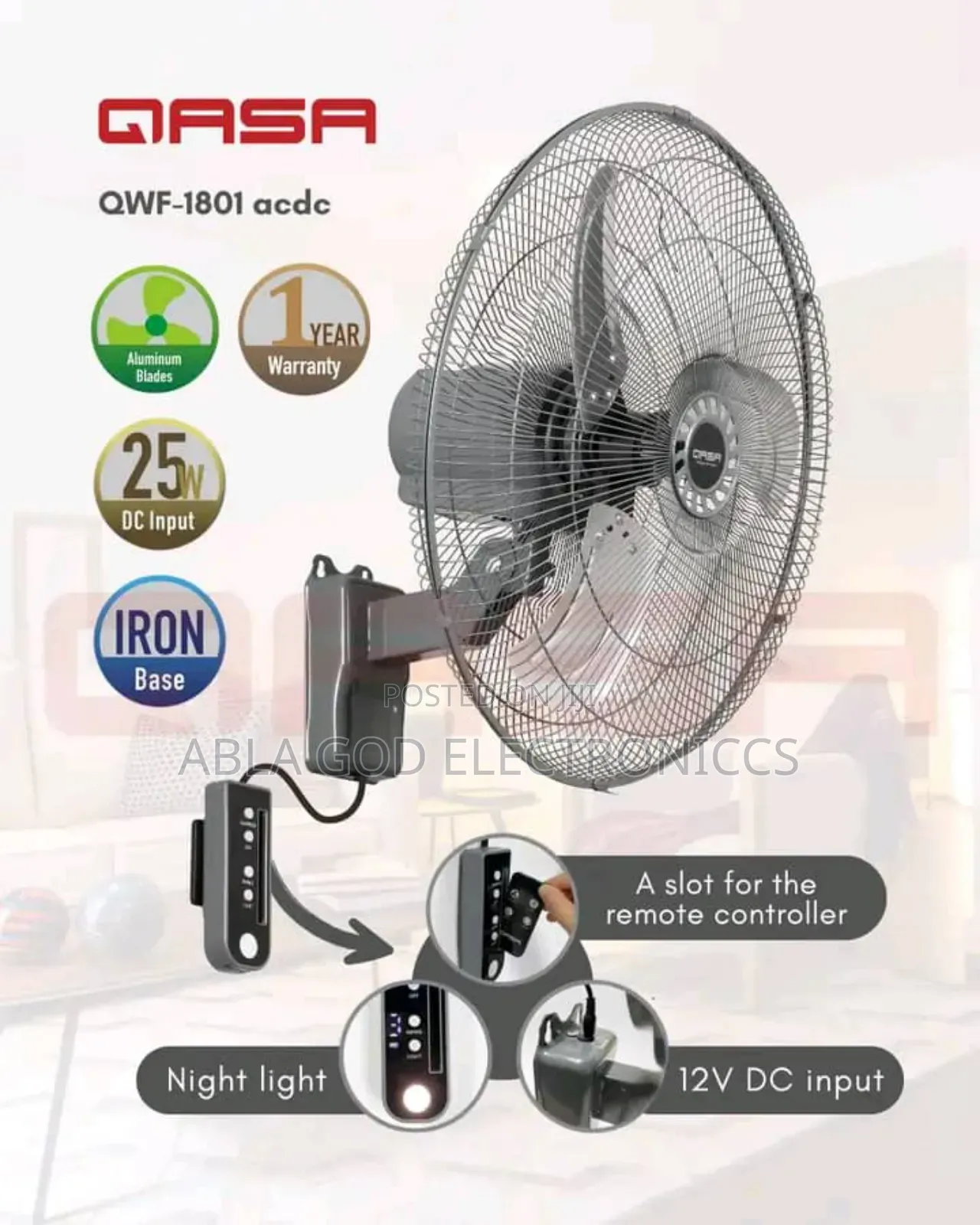 QASA 18 Inches AC DC Wall Mounted Fan.