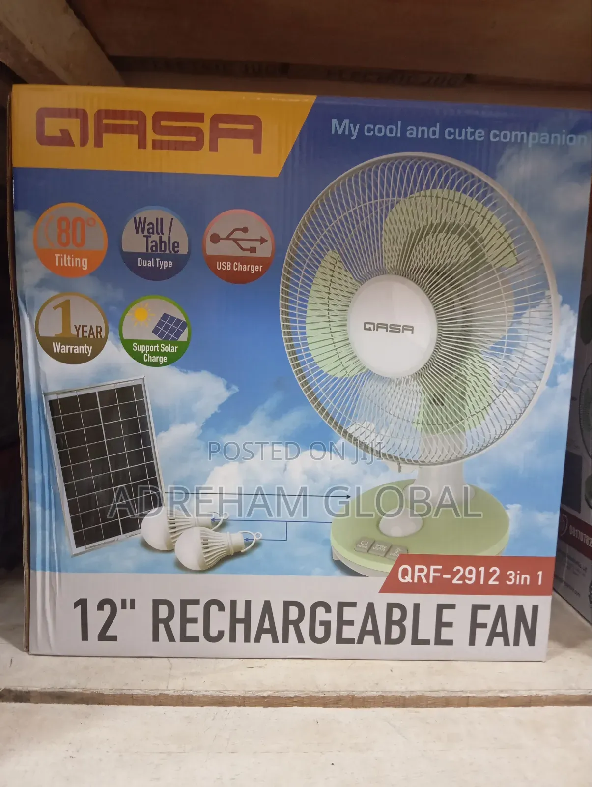 Qasa 12" 3 in 1 Rechargeable Wall/Table Fan With Solar Bulb