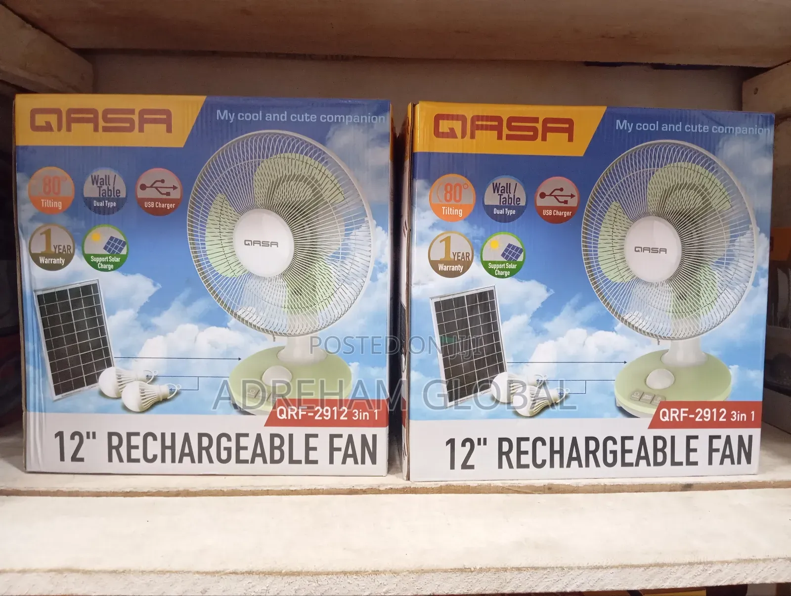 Qasa 12" 3 in 1 Rechargeable Wall/Table Fan With Solar Bulb
