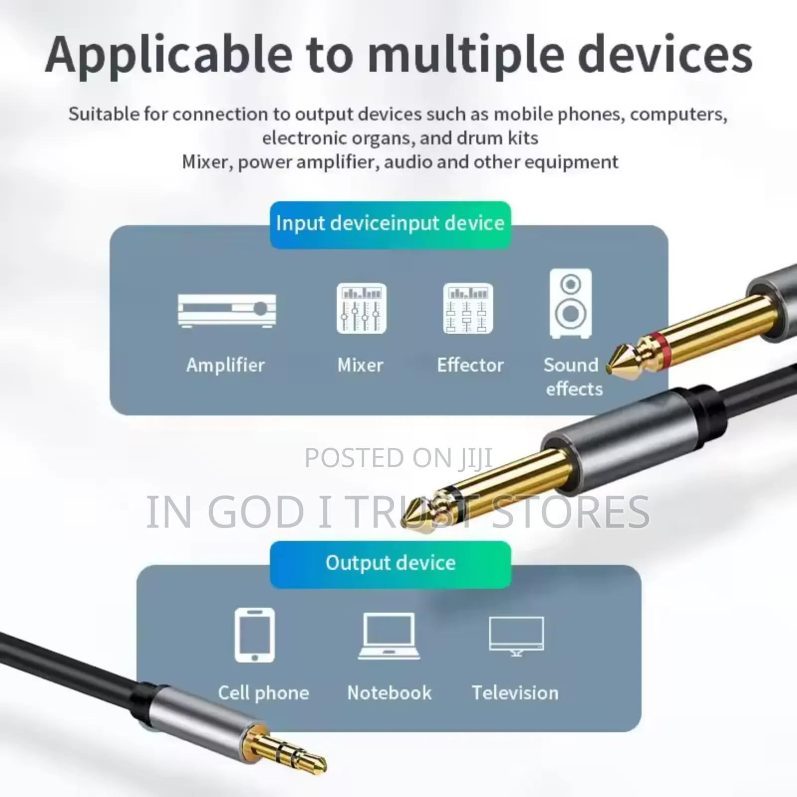 3.5mm to Double 6.5mm TRS Cable Aux Adapter 1.5m