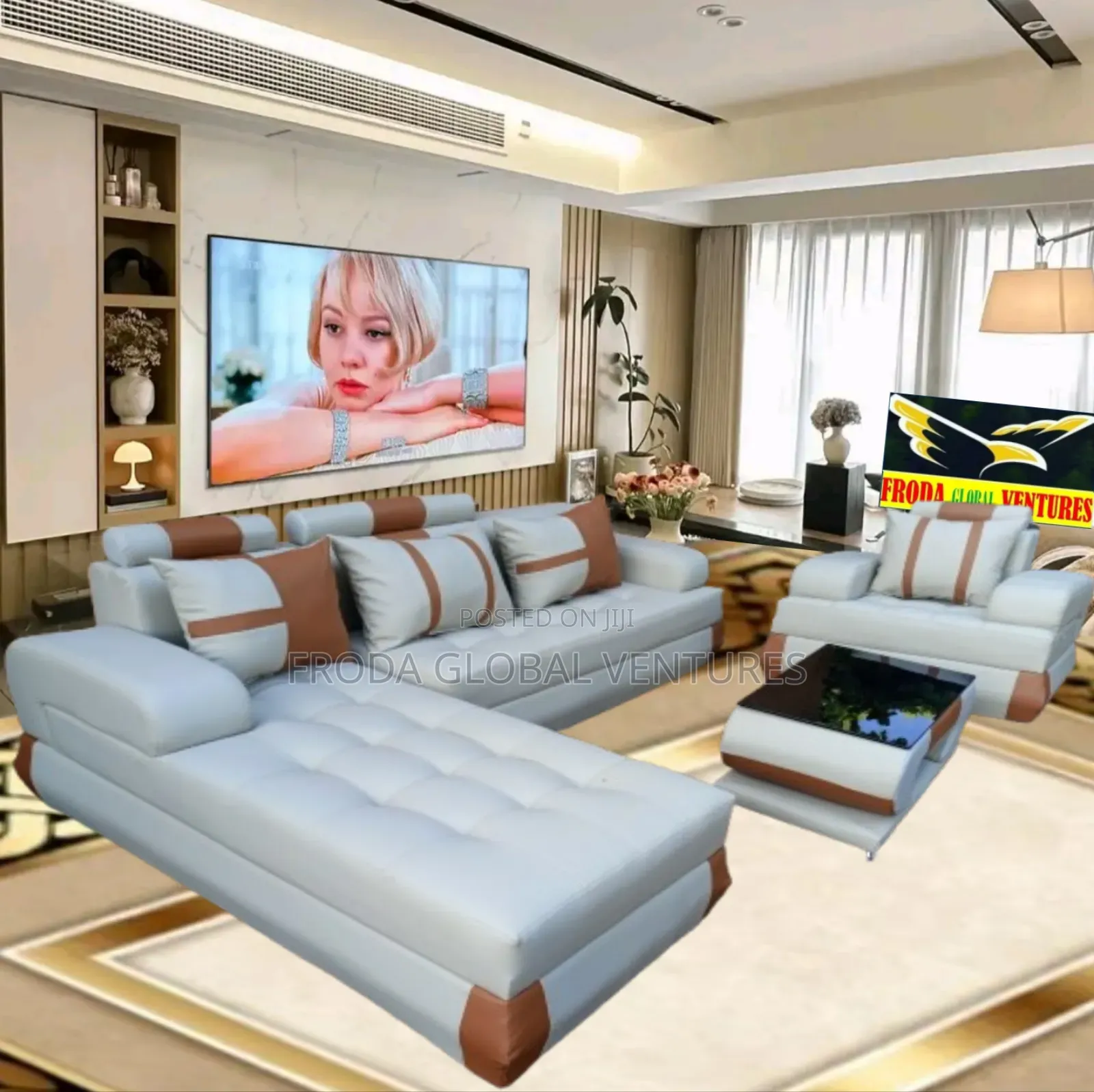 Classic Leather JP L-Shaped Sofa and Single Chair With Table