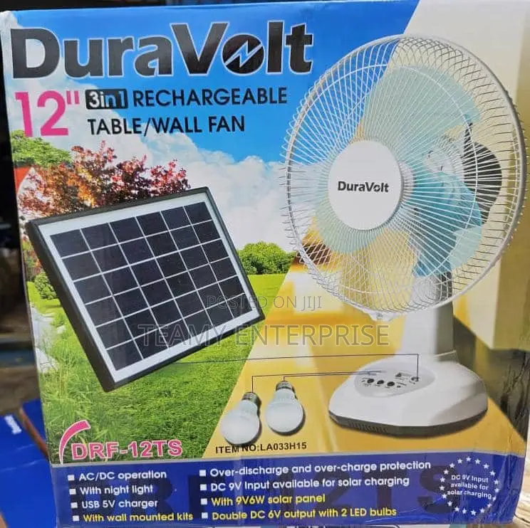 12" Duravolt Solar Rechargeable Fan With 2 Bulbs DRF-12TS