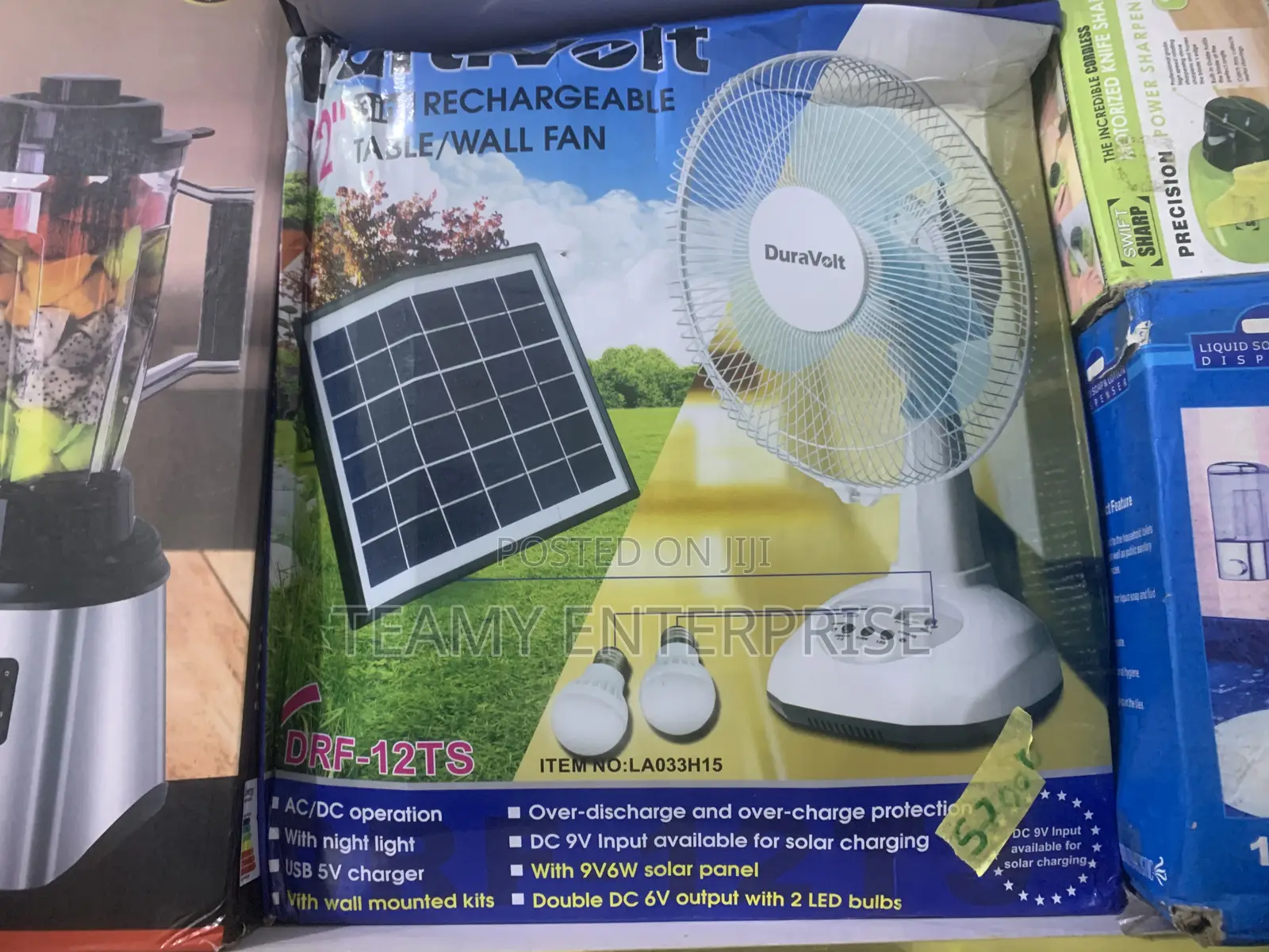 12" Duravolt Solar Rechargeable Fan With 2 Bulbs DRF-12TS