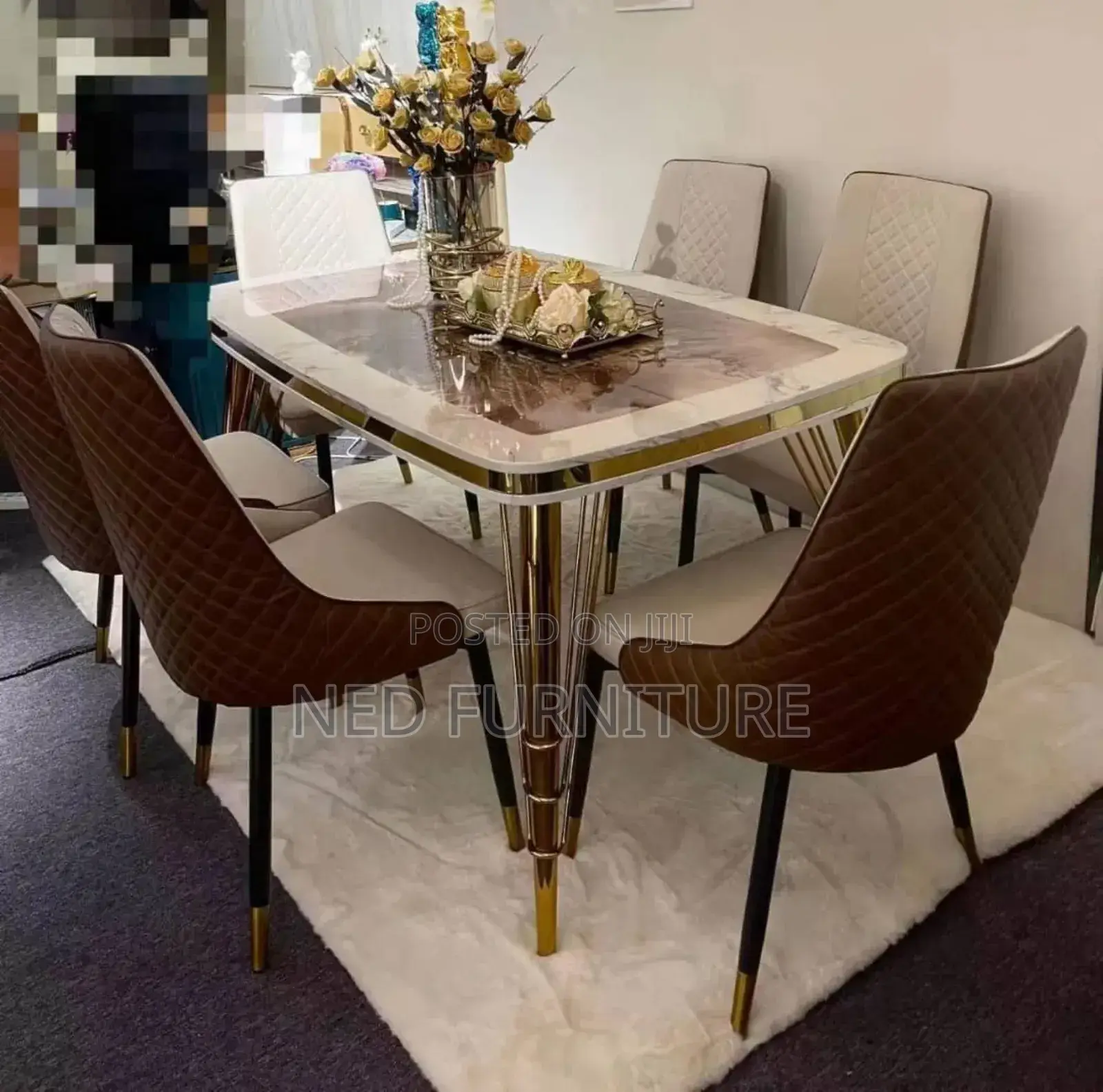 Marble Top Pin Leg Dining By 6 Seaters Set