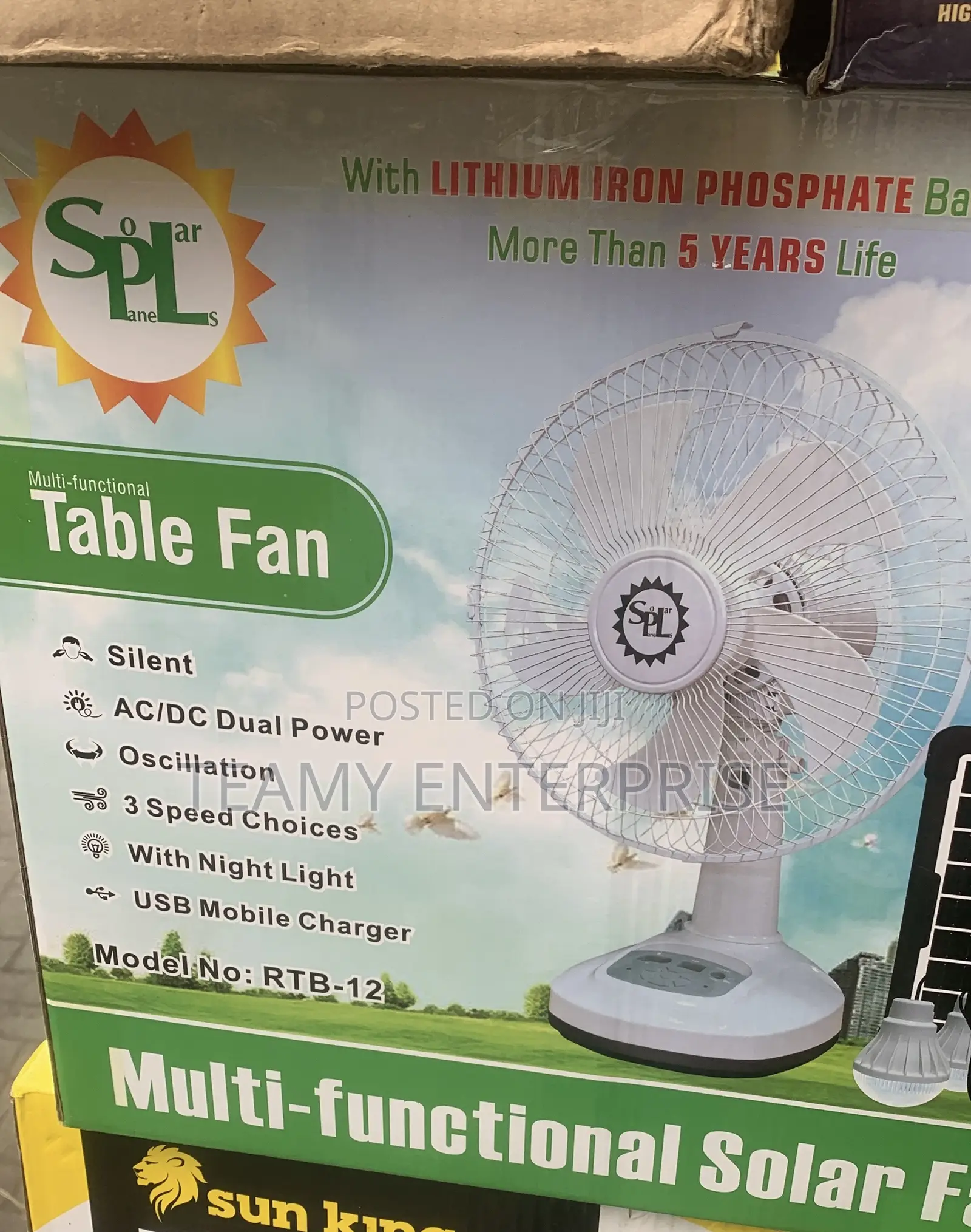 SPL 12” Rechargeable Desk Fan With Solar Panel and Bulb Life