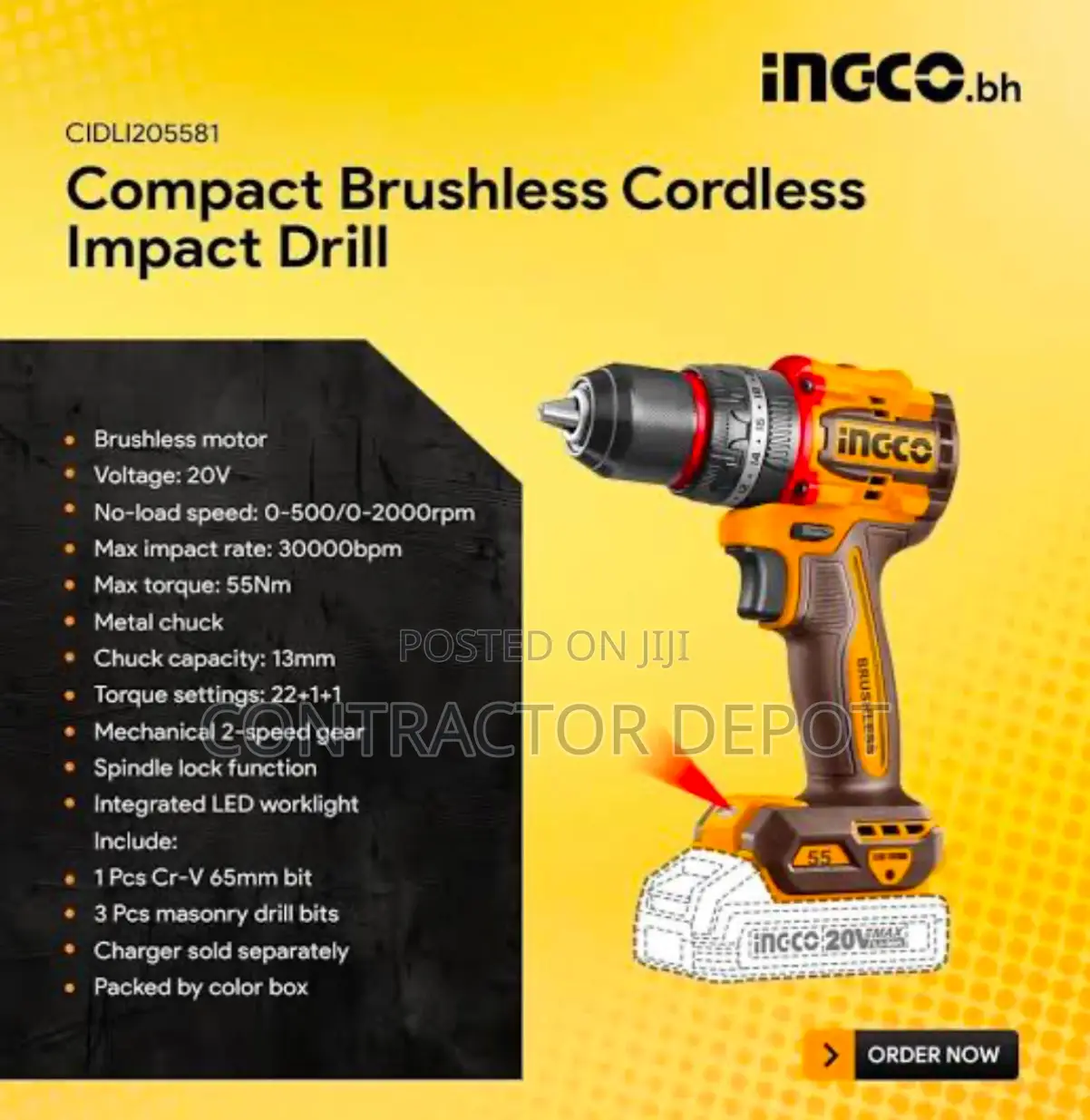 Compact Brushless Cordless Impact Drill Ingco 13mm