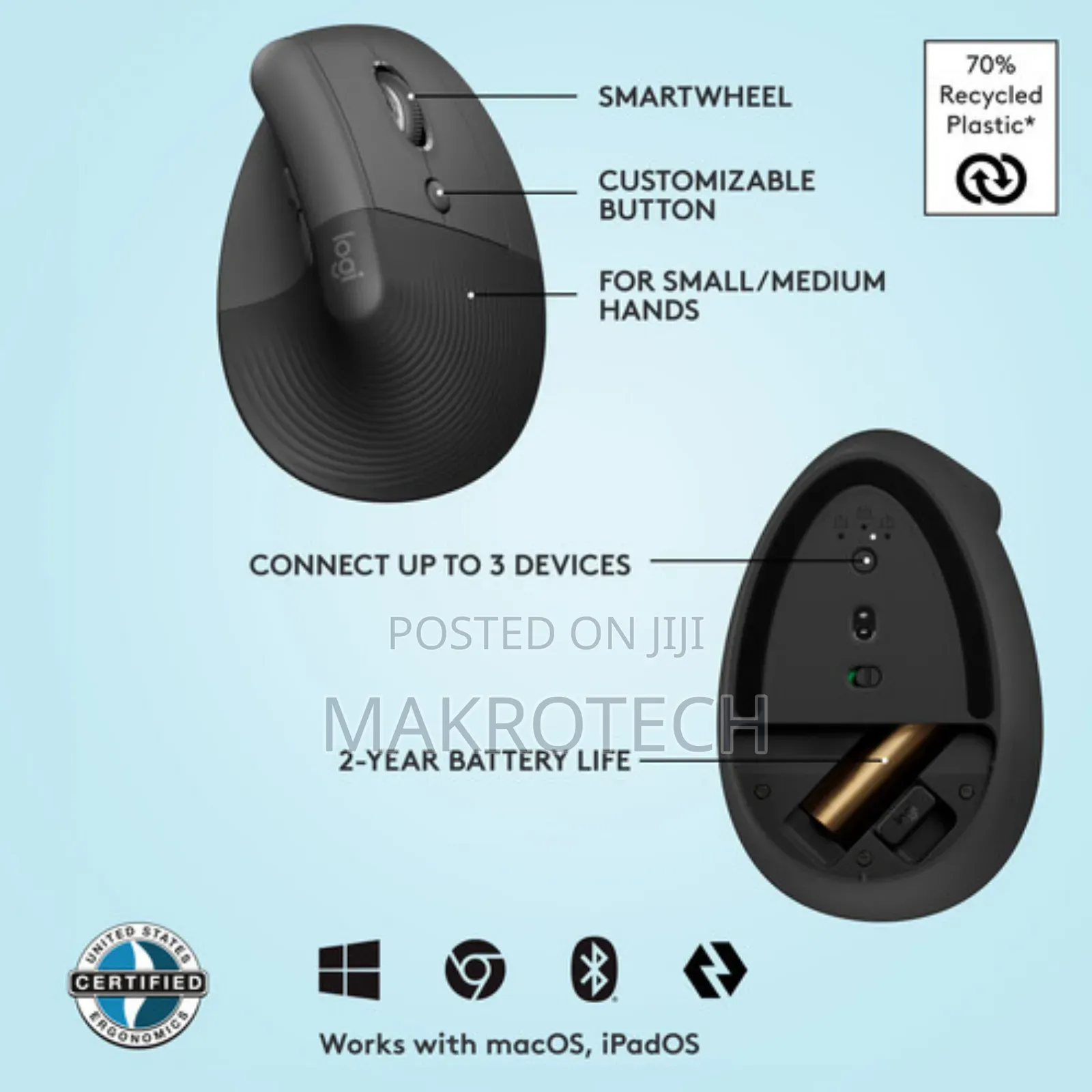 Logitech Lift Vertical Ergonomic Wireless Mouse (Graphite)