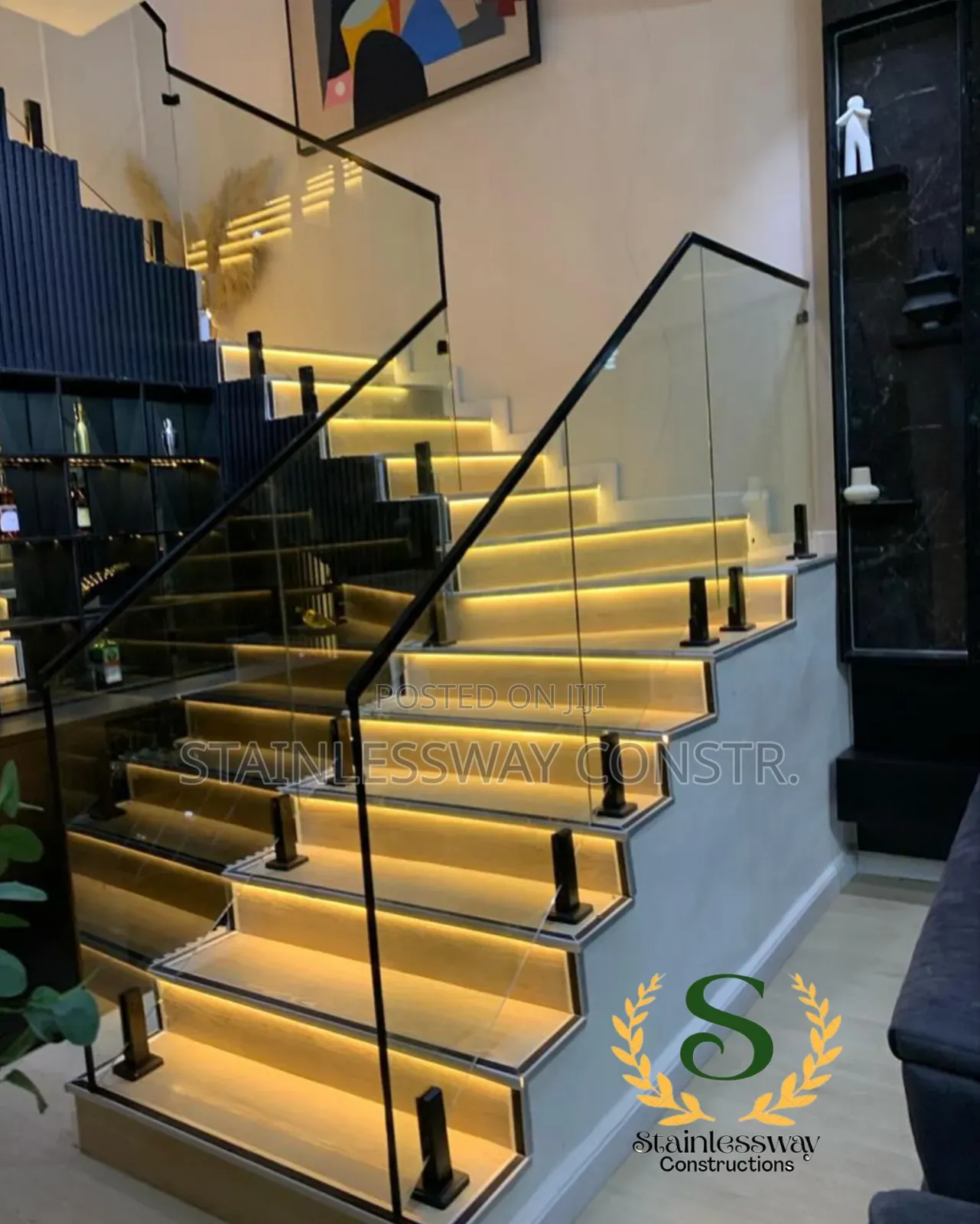 Black Strip Frame Black Spigot Base Glass Railing