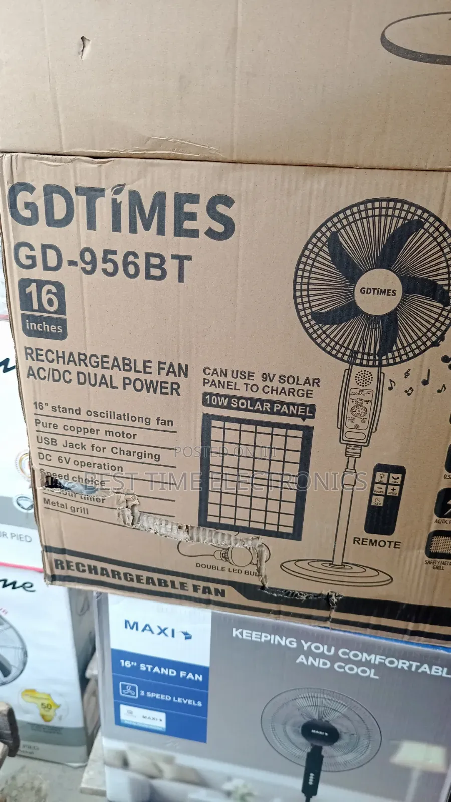 Gdtimes 16" Solar Rechargeable Fan With Radio/Bluetooth