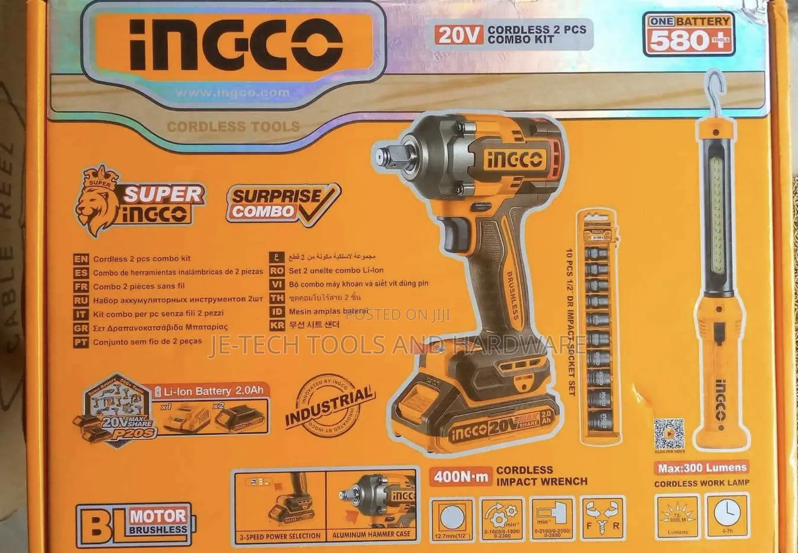 2 Combo Kits Ingco Cordless Impact Wrench 400nm Work Lamp