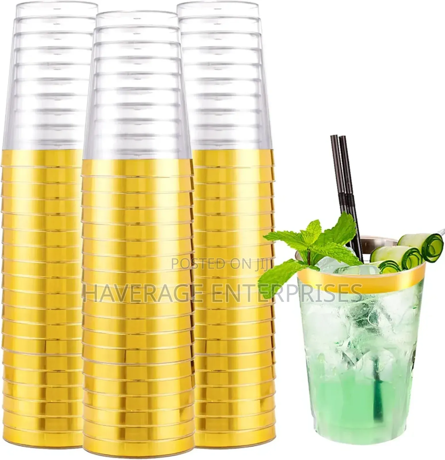 10 Oz Clear Plastic Cups Gold Rimmed Disposable Wine 100pces