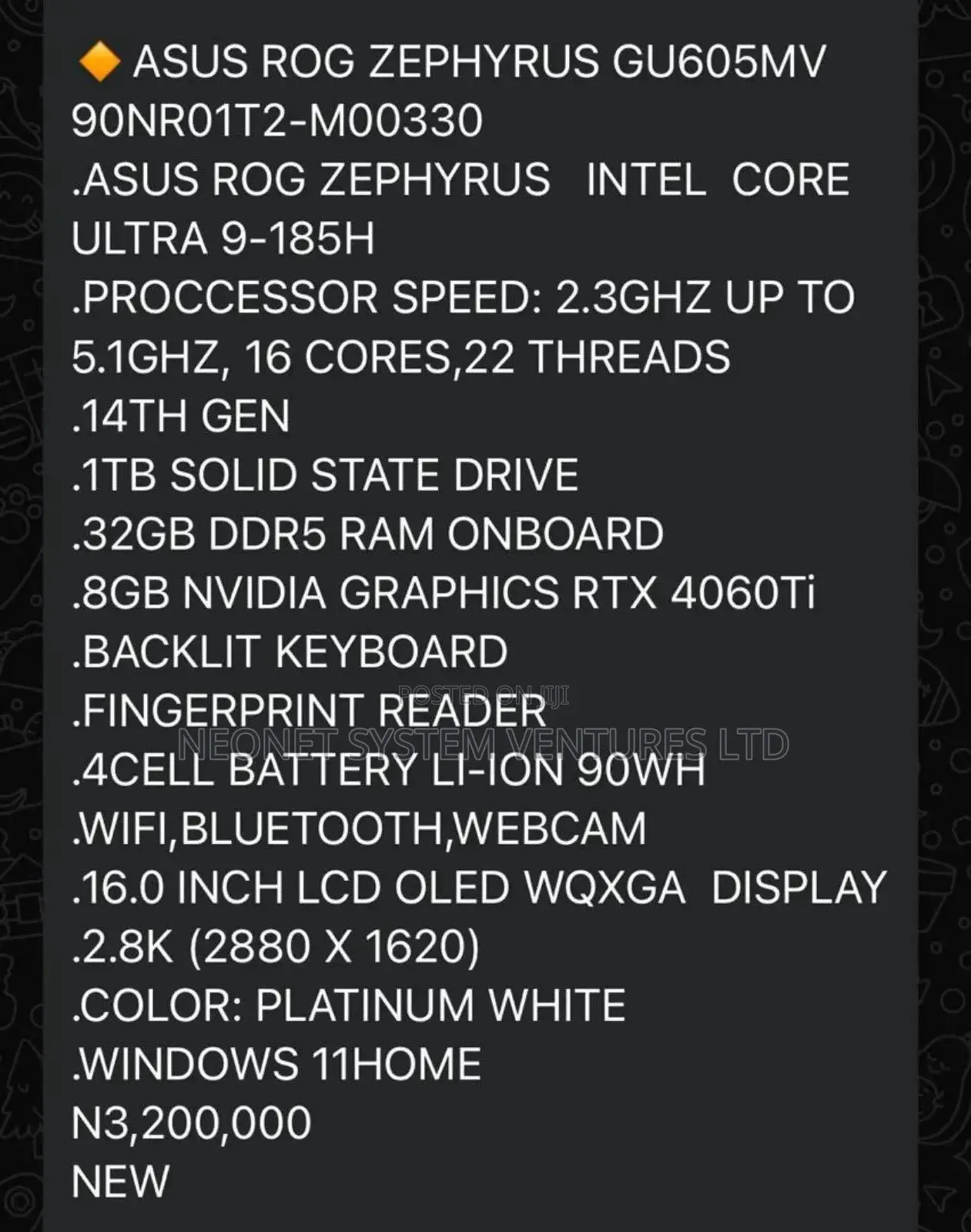 New Laptop Asus ROG Zephyrus G16 32GB Intel Core Ultra 9 SSD 1T