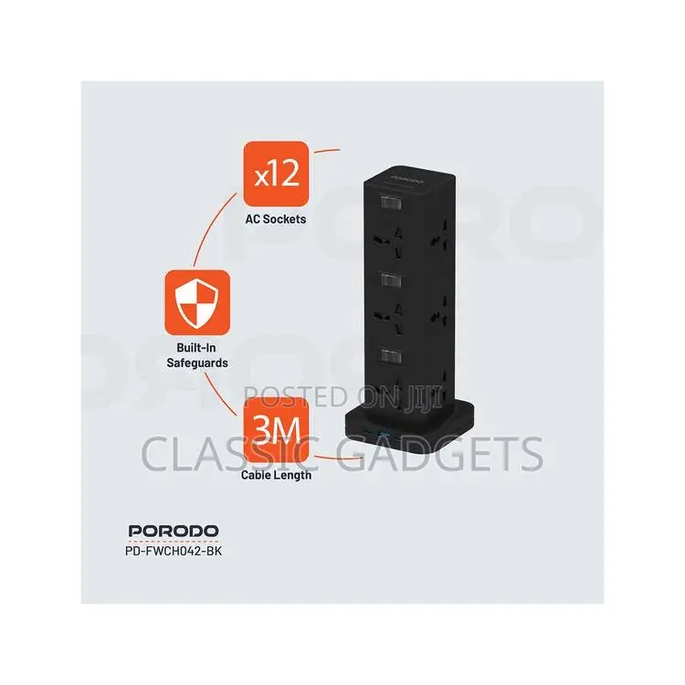 Porodo Fwco42 Three-Storey 12 Ac Power Hub Usb-C Pd