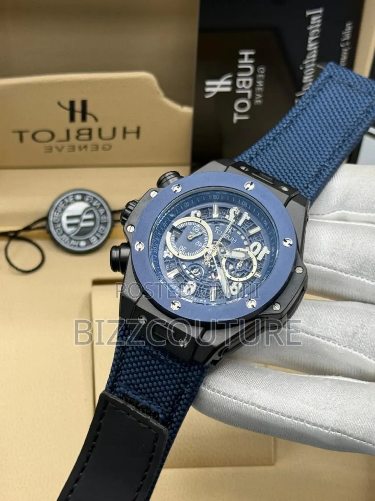 Original Hublot Blue Faux Leather Strap Watch