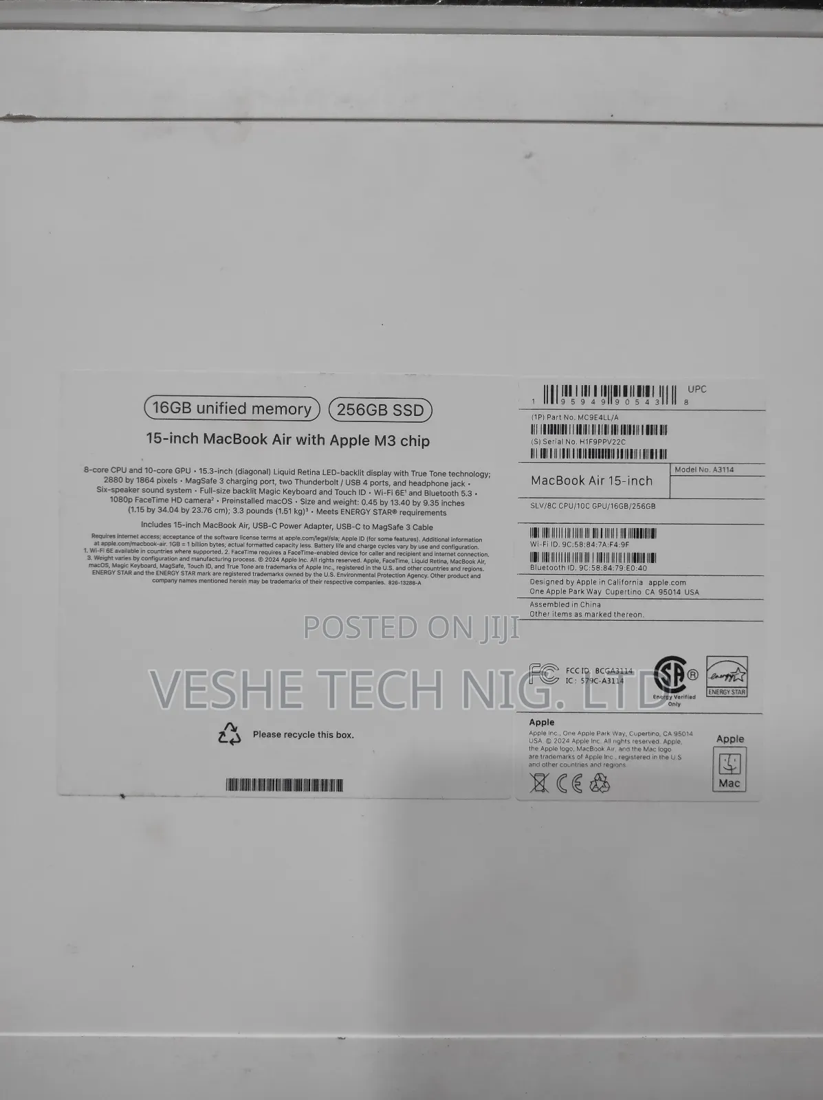 New Laptop Apple MacBook Air 2024 M3 15-Inch 16GB Apple M3 SSD 256GB
