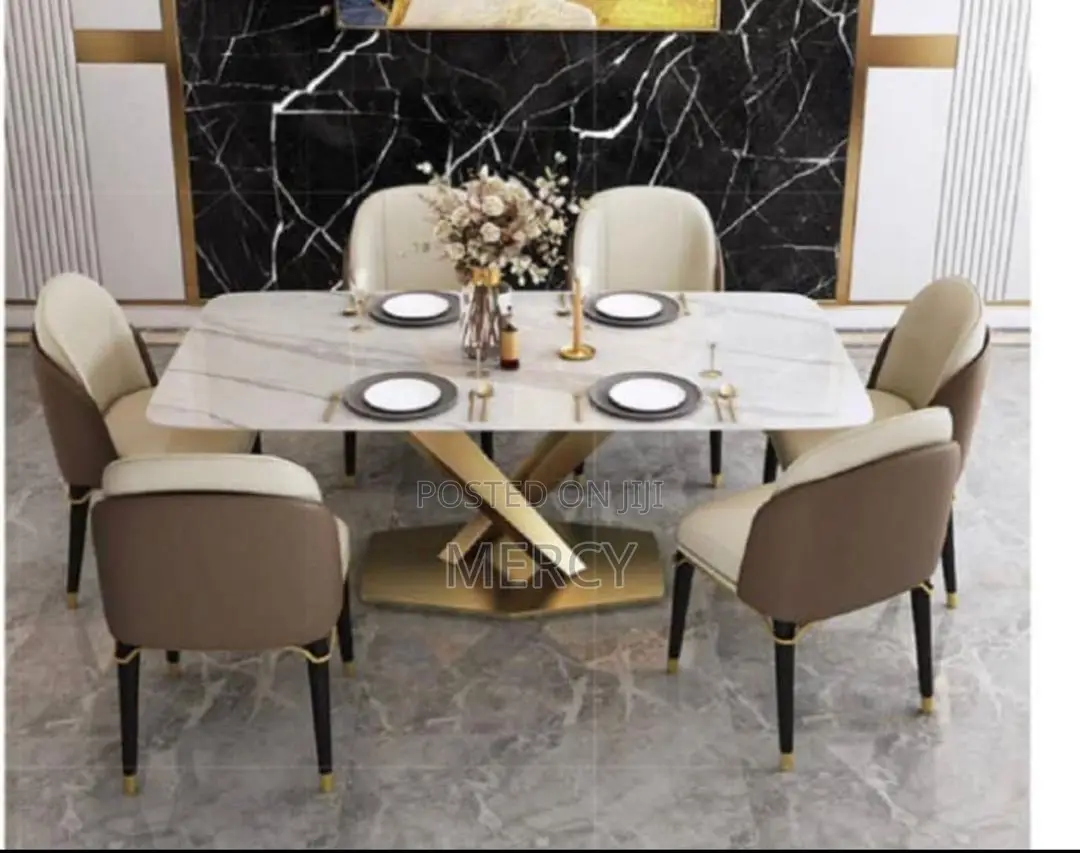 Luxury Dining Set With Six Seaters With Marble Top and Leather Chairs