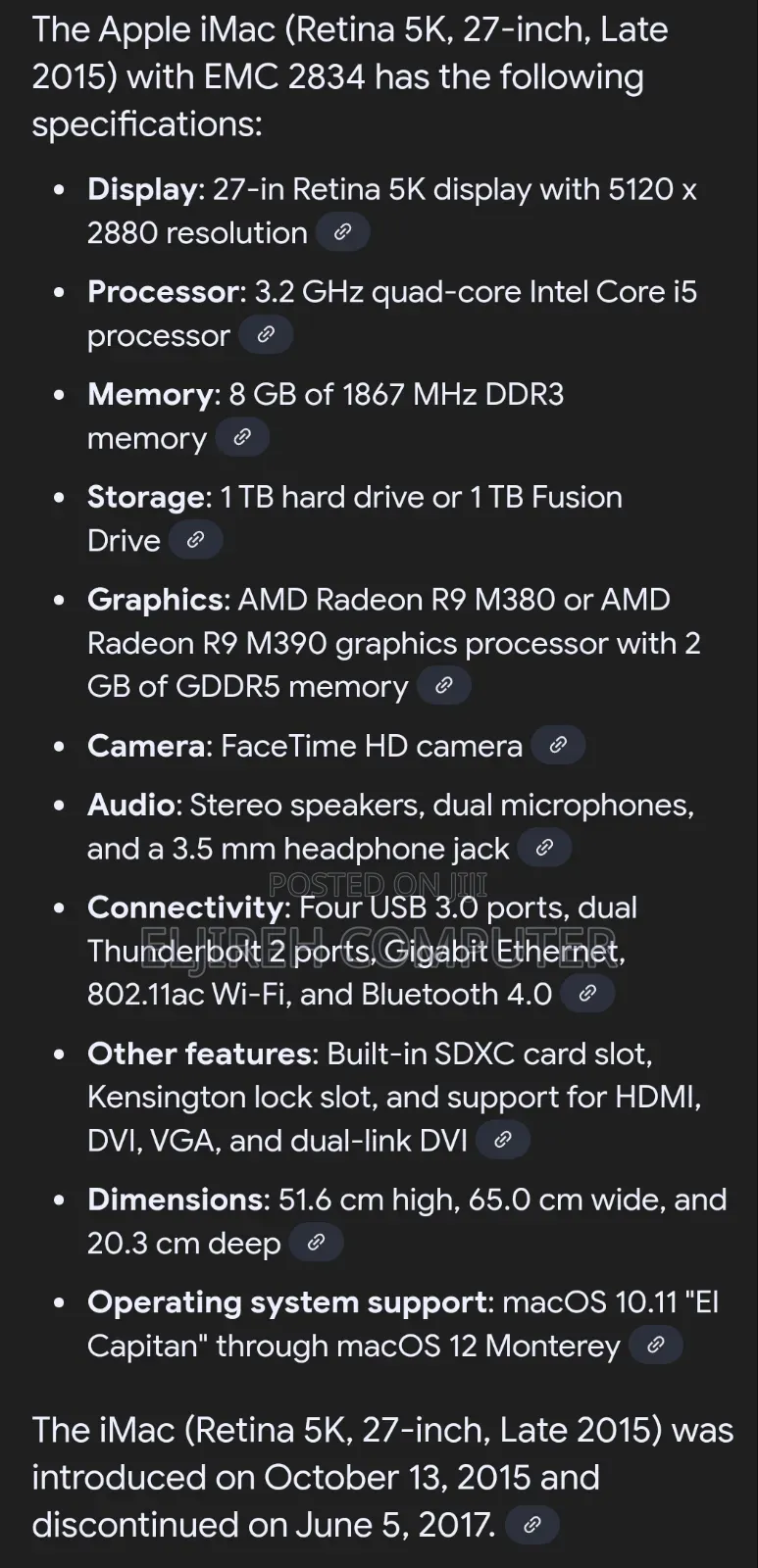 Desktop Computer Apple iMac 24GB Intel Core i5 HDD 1T