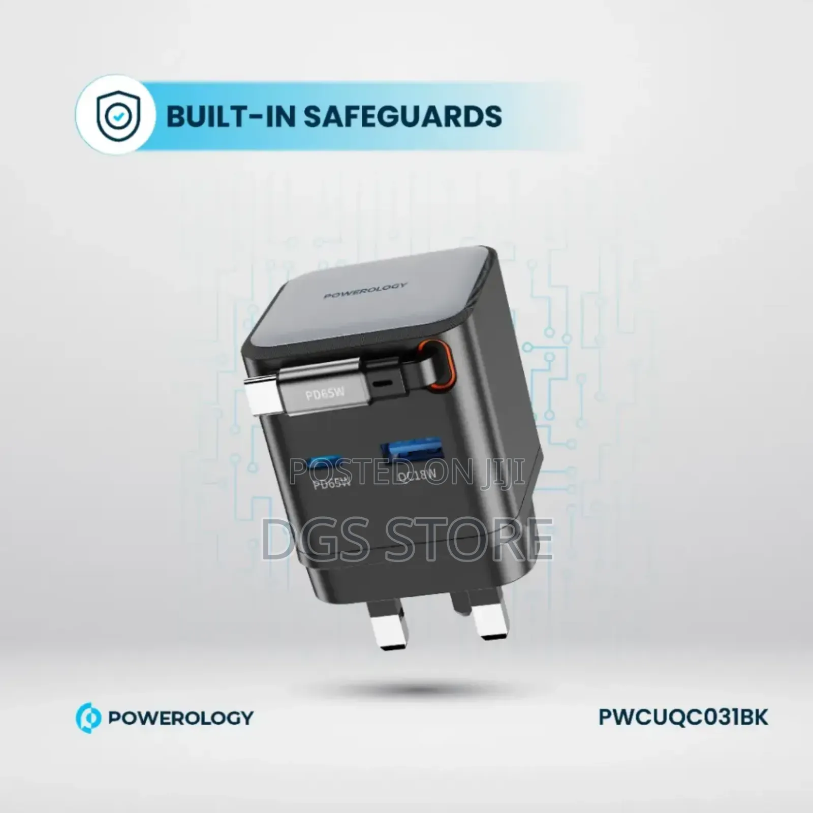 Powerology Pwc031 Dual Port Retractable 65w Gan Charger