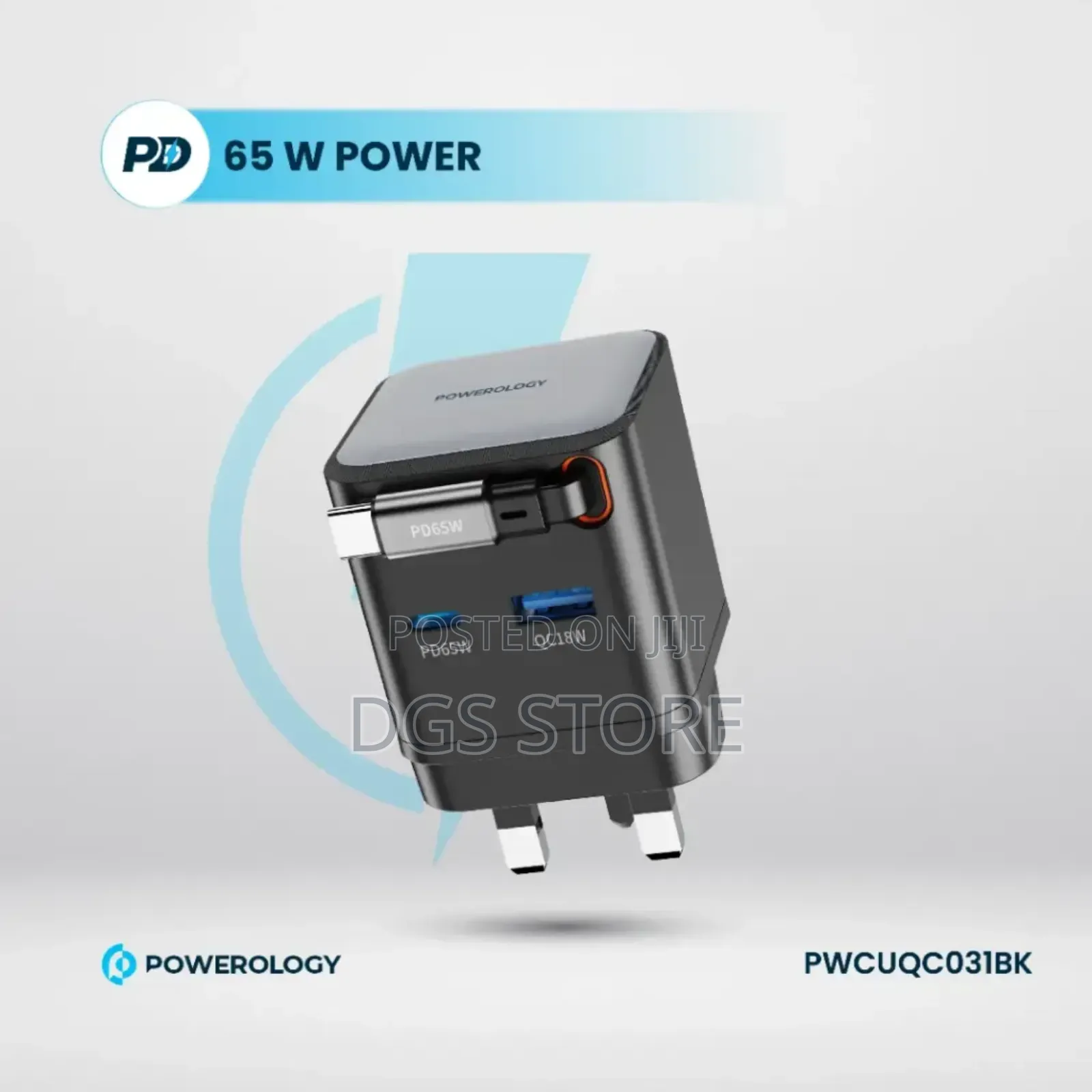 Powerology Pwc031 Dual Port Retractable 65w Gan Charger
