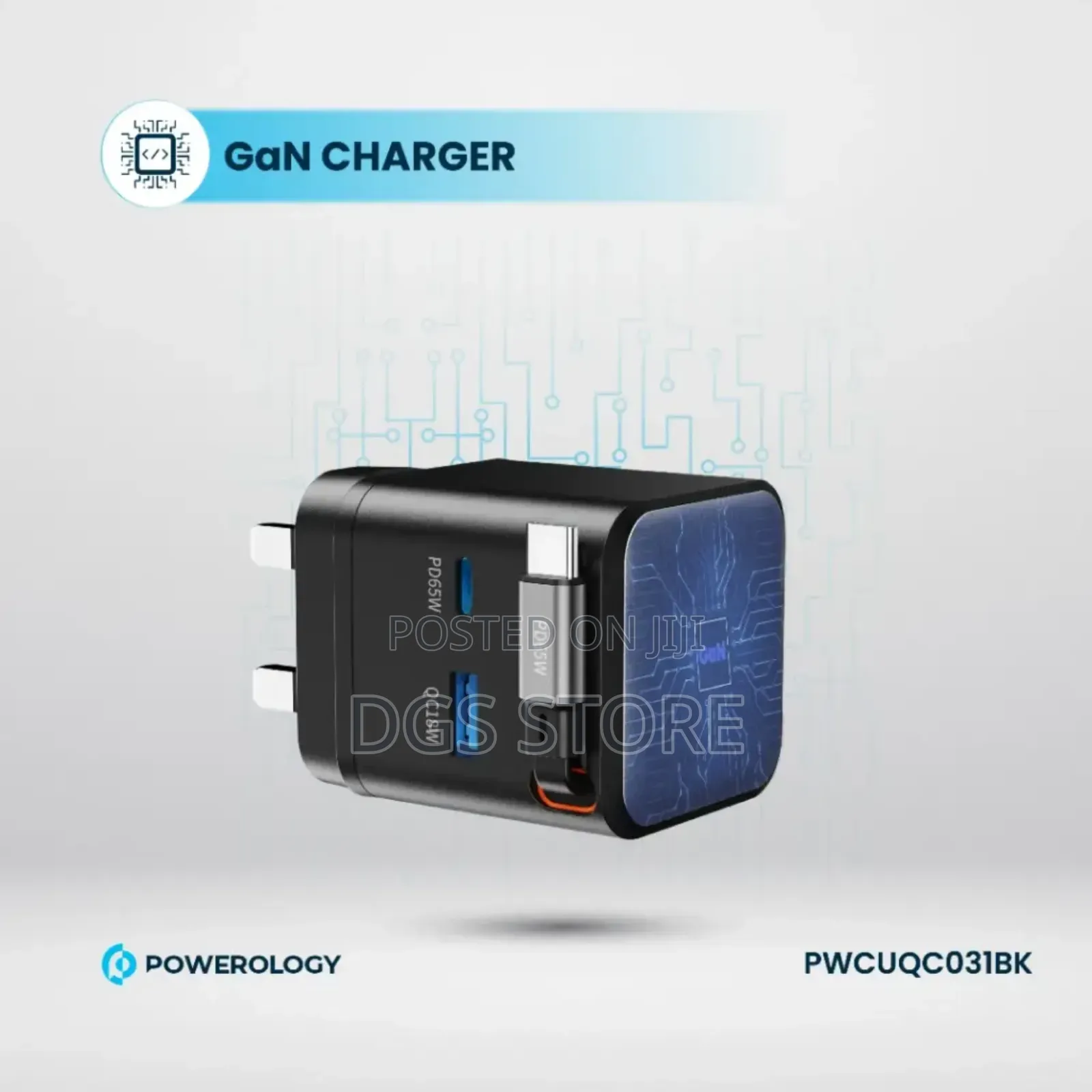 Powerology Pwc031 Dual Port Retractable 65w Gan Charger