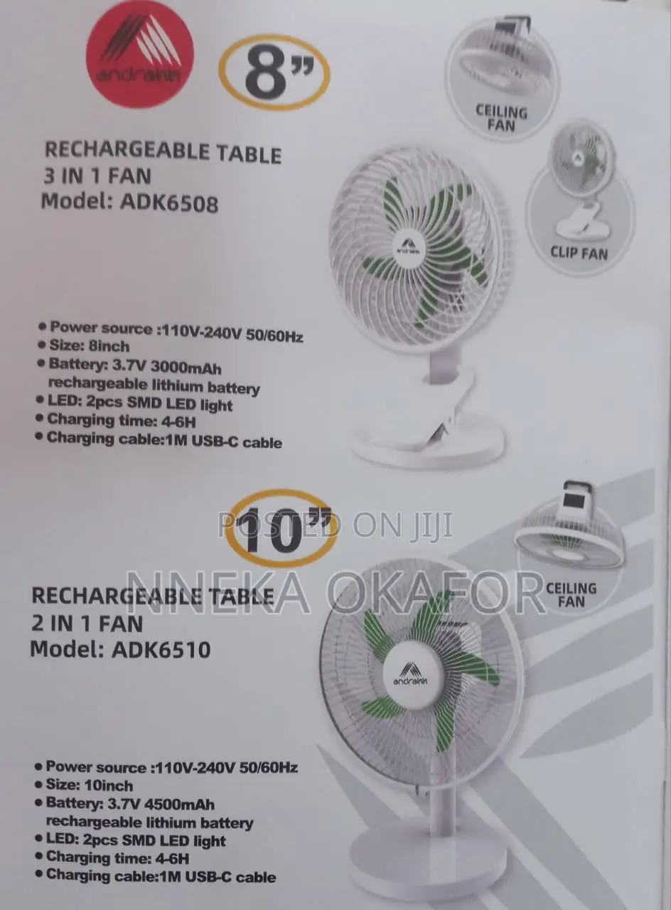 Andrakk 10'' Rechargeable Table Fan