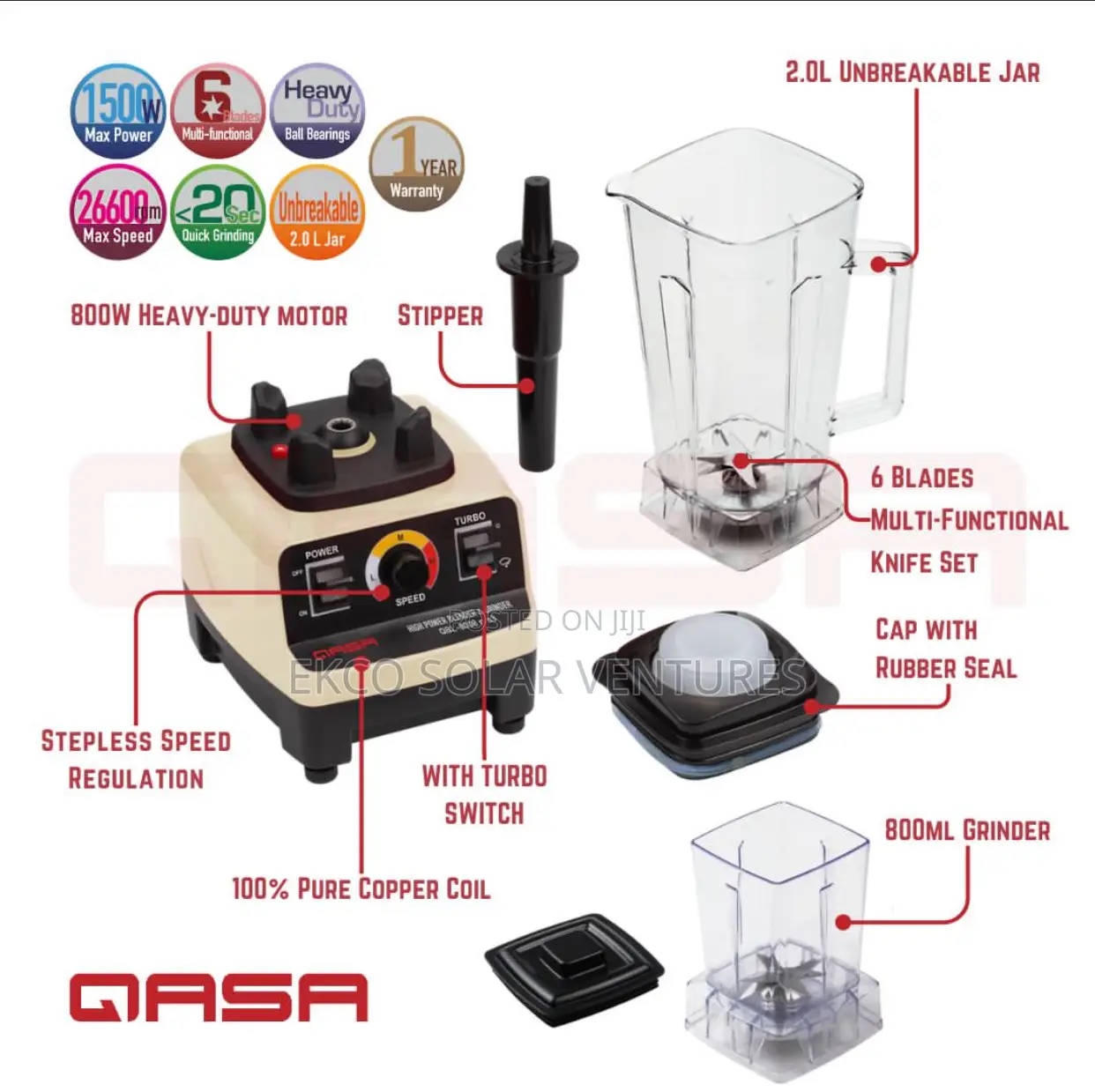 Qasa 2-in-1 Heavy Duty Commercial Blender Grinder Pro3