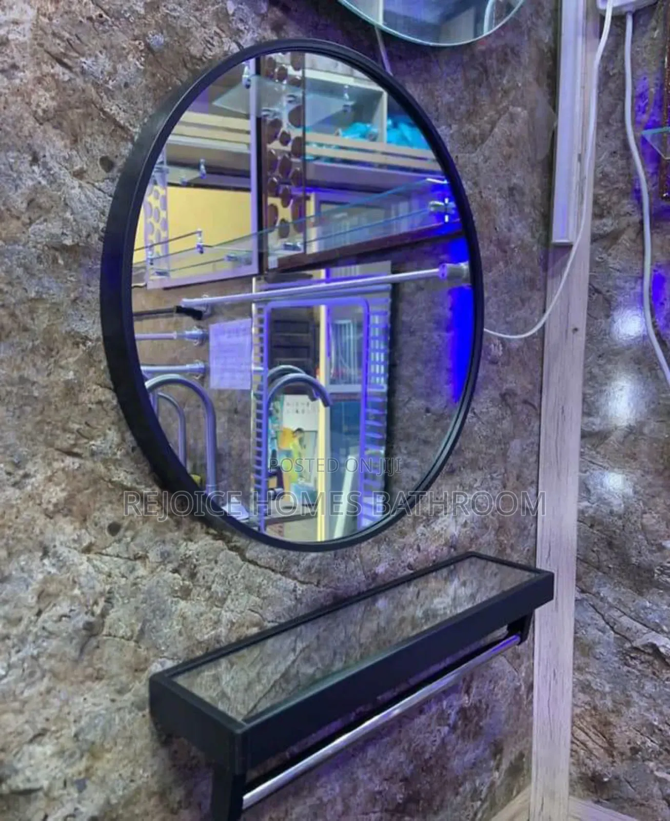 Round Black Wall Mount Mirror With Shelf