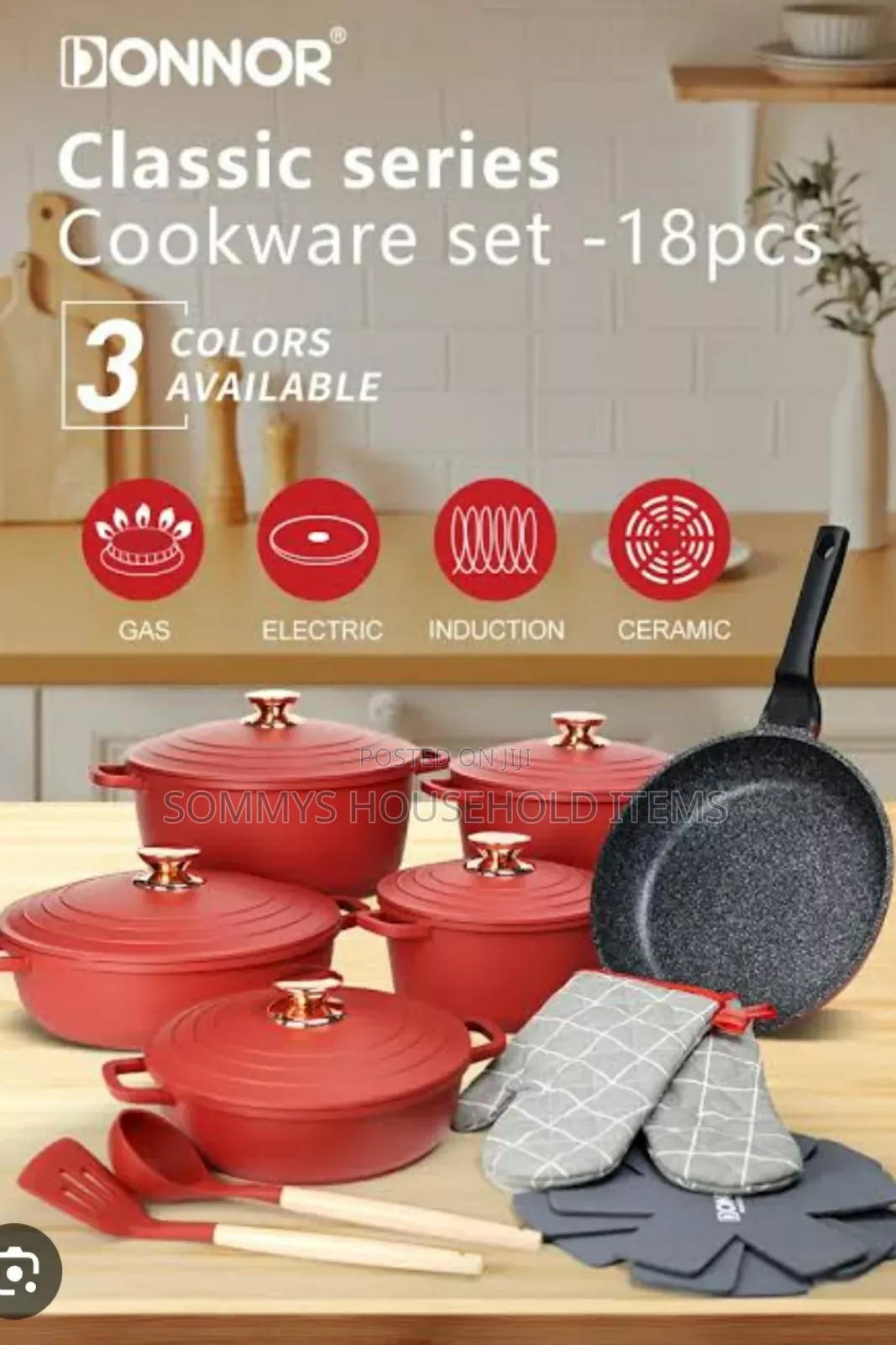 Donnor 18pcs Cast Iron Cookware Pot Set Red Colour