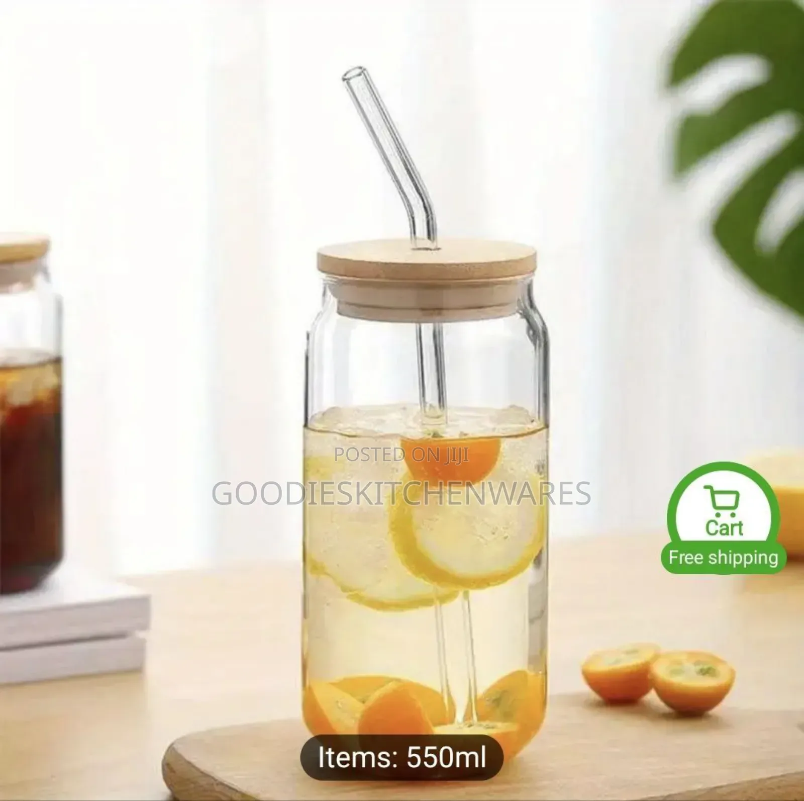 Glass Cup With Bamboo Cover and With Straw