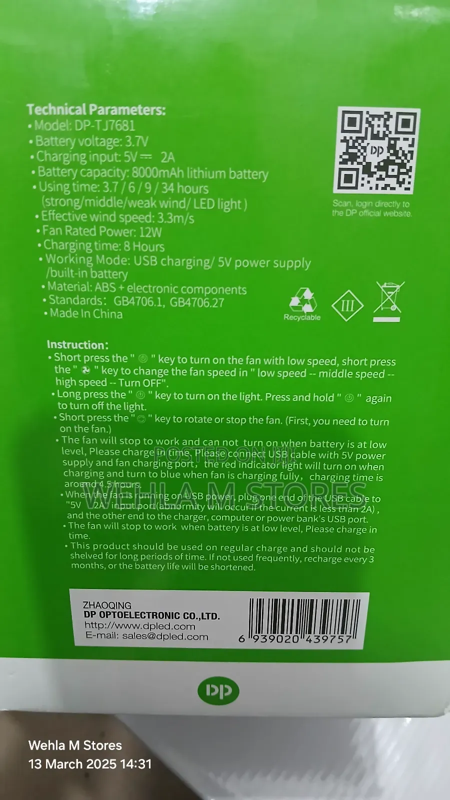 Dp Desktop Portable Rechargeable Collapsible Fan - Dp-Tj7681