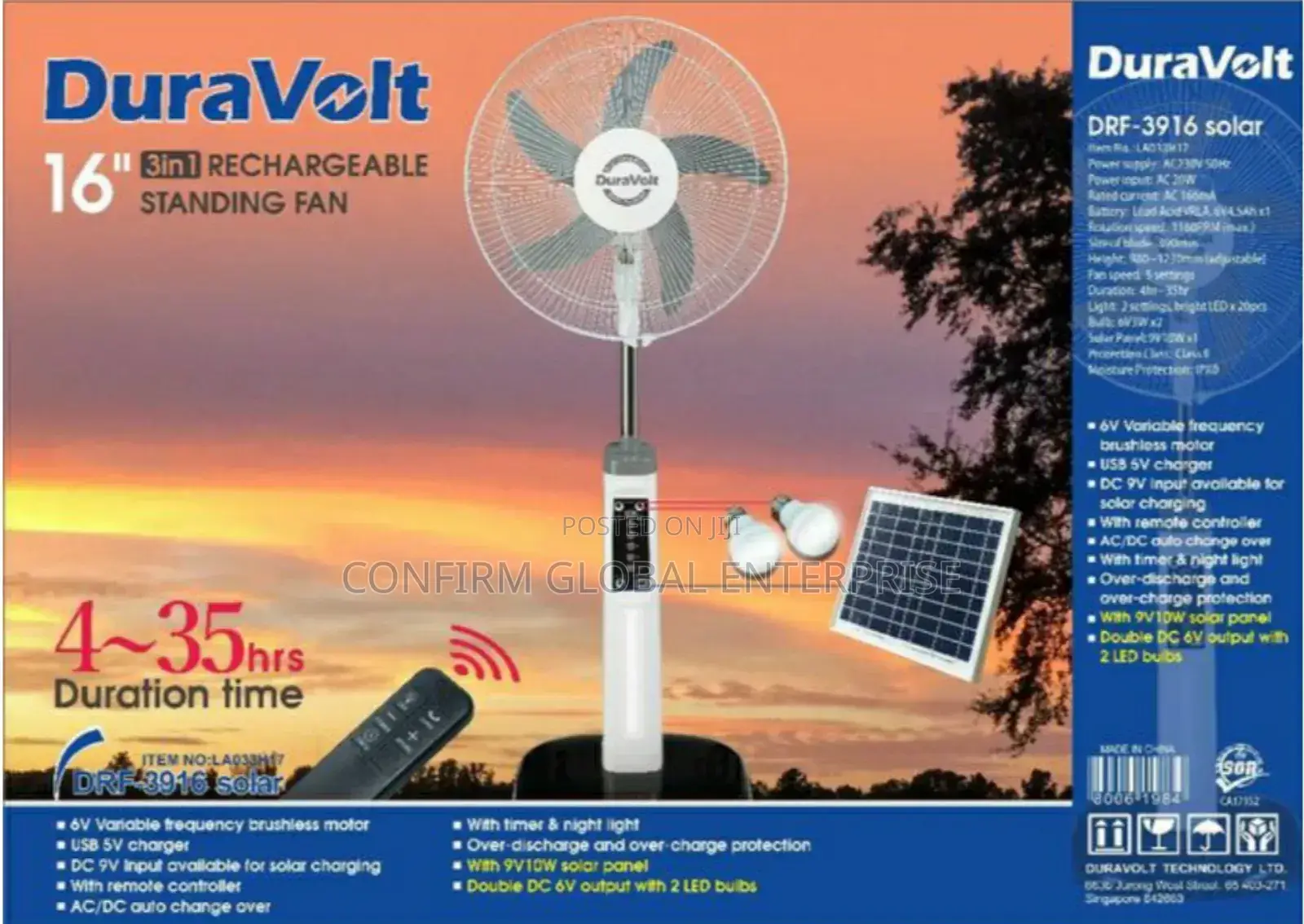 Duravolt 3-in-1 16" Rechargeable Fan + Solar Panel, Led Bolb